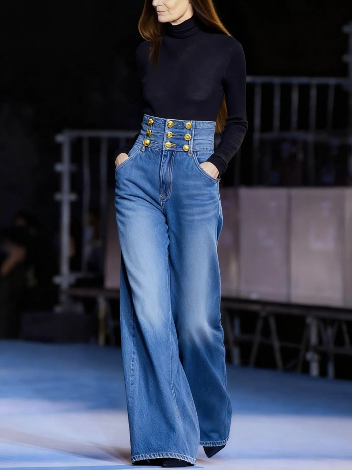 Urban Denim Buttoned Plain  Wide Leg Jeans