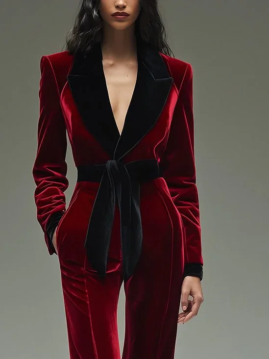 Urban Split Joint Color Block Shawl Collar Jumpsuit With Belt