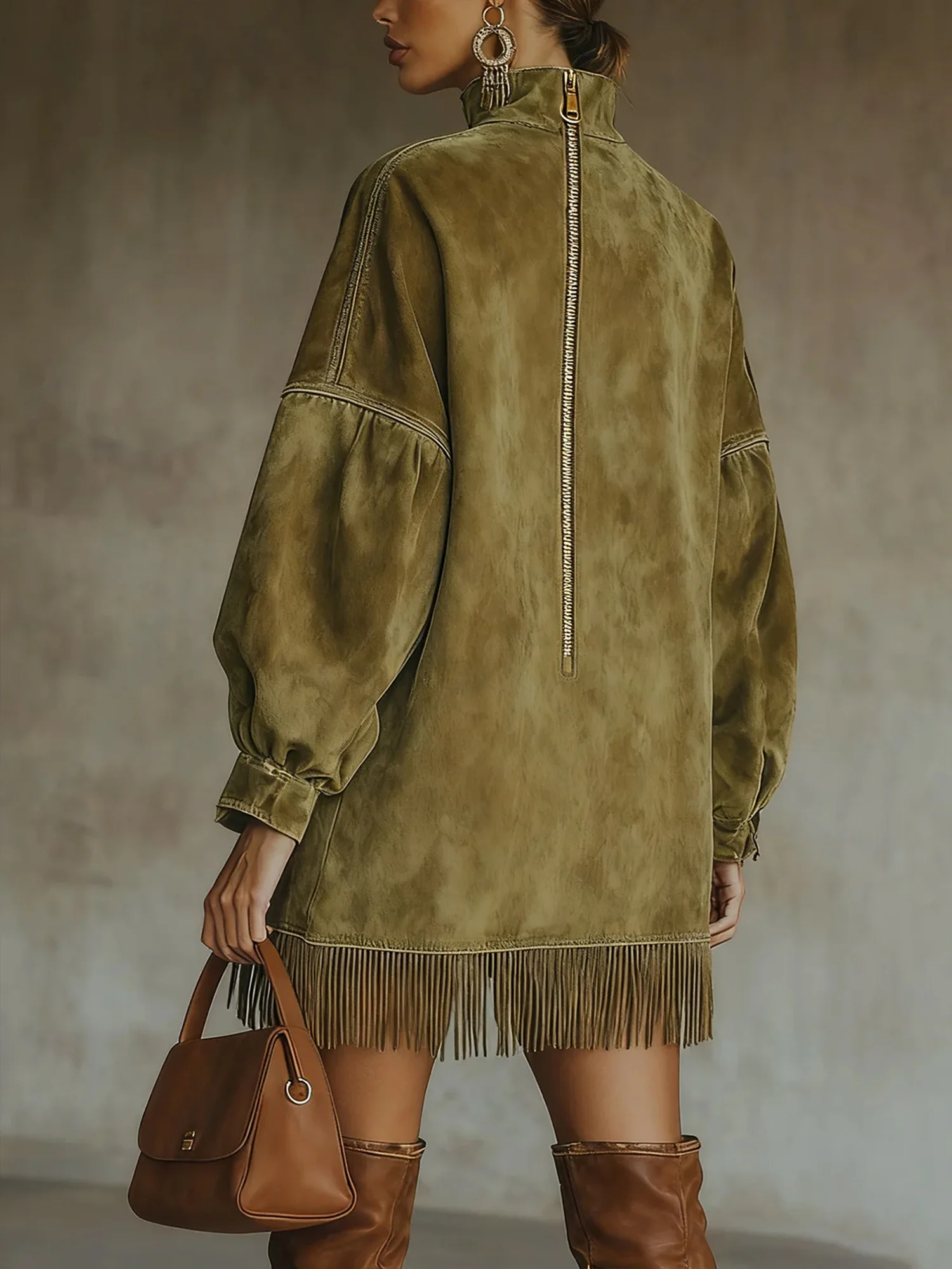 Casual Suede Tassel Hem Balloon Sleeve Mini Dress