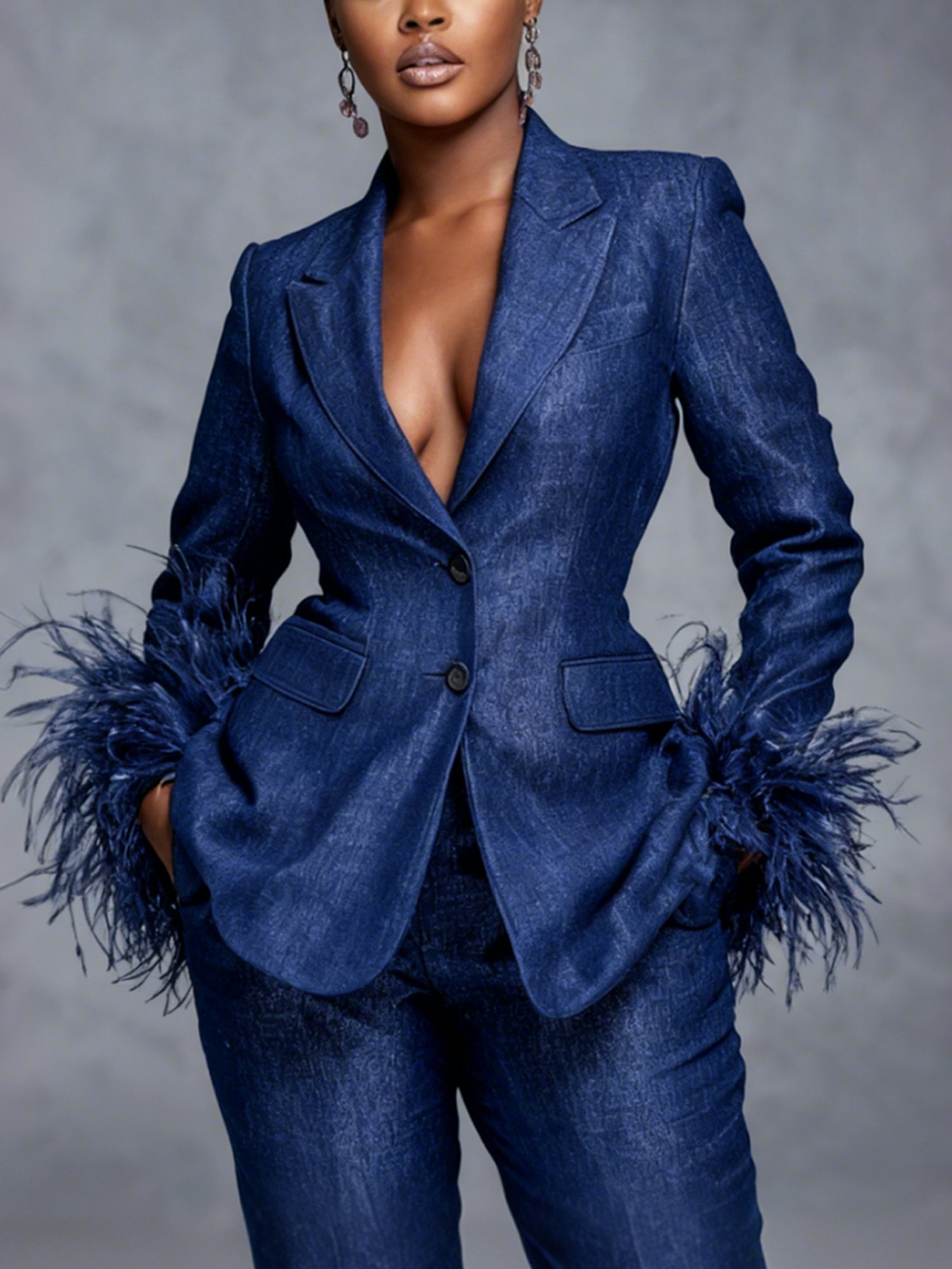 Urban Feather-trimmed Plain Lapel Collar Faux Denim Coat