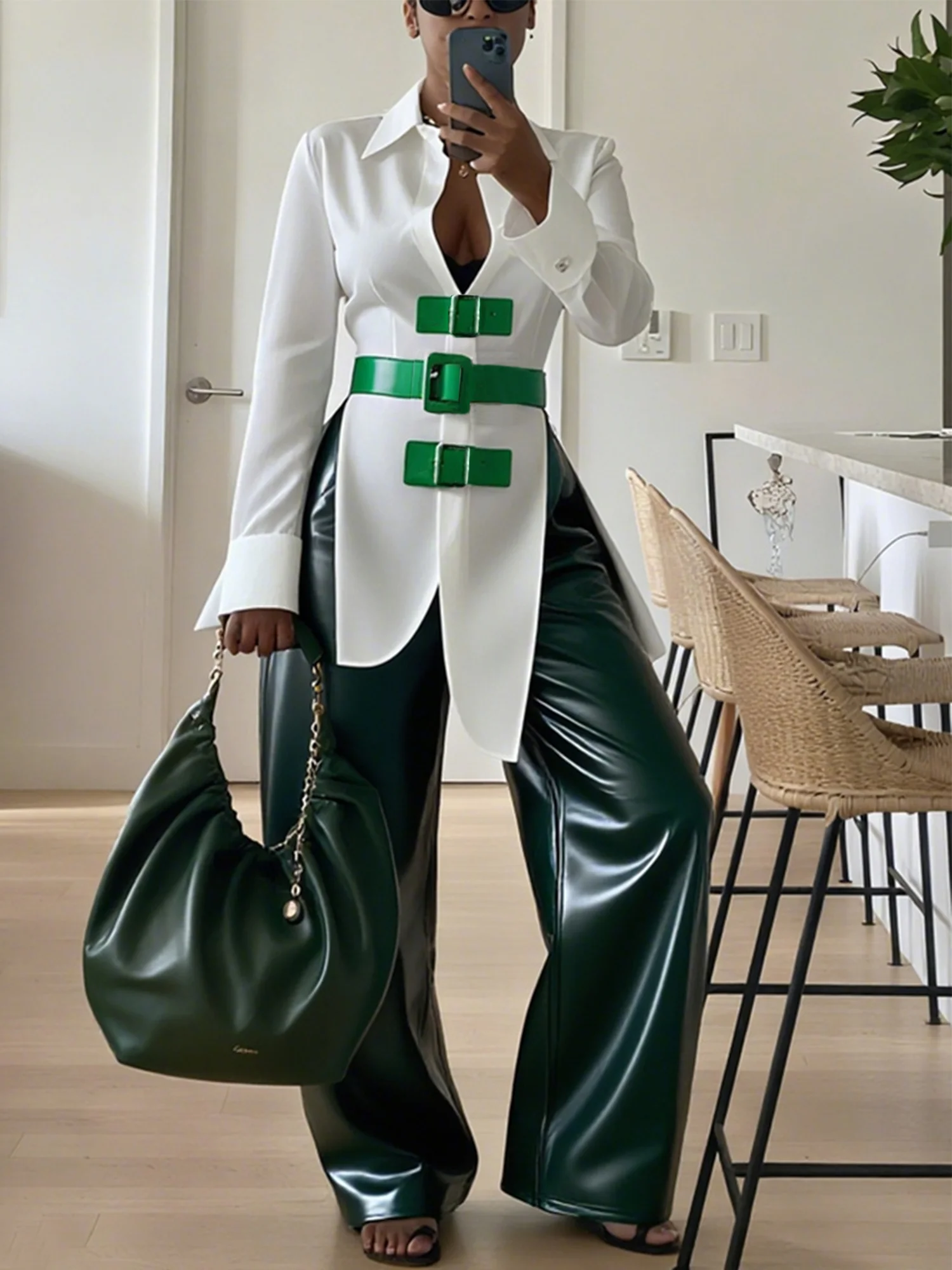 Cotton Urban Plain Metal Buckle Shirt Collar Shirt With Belt