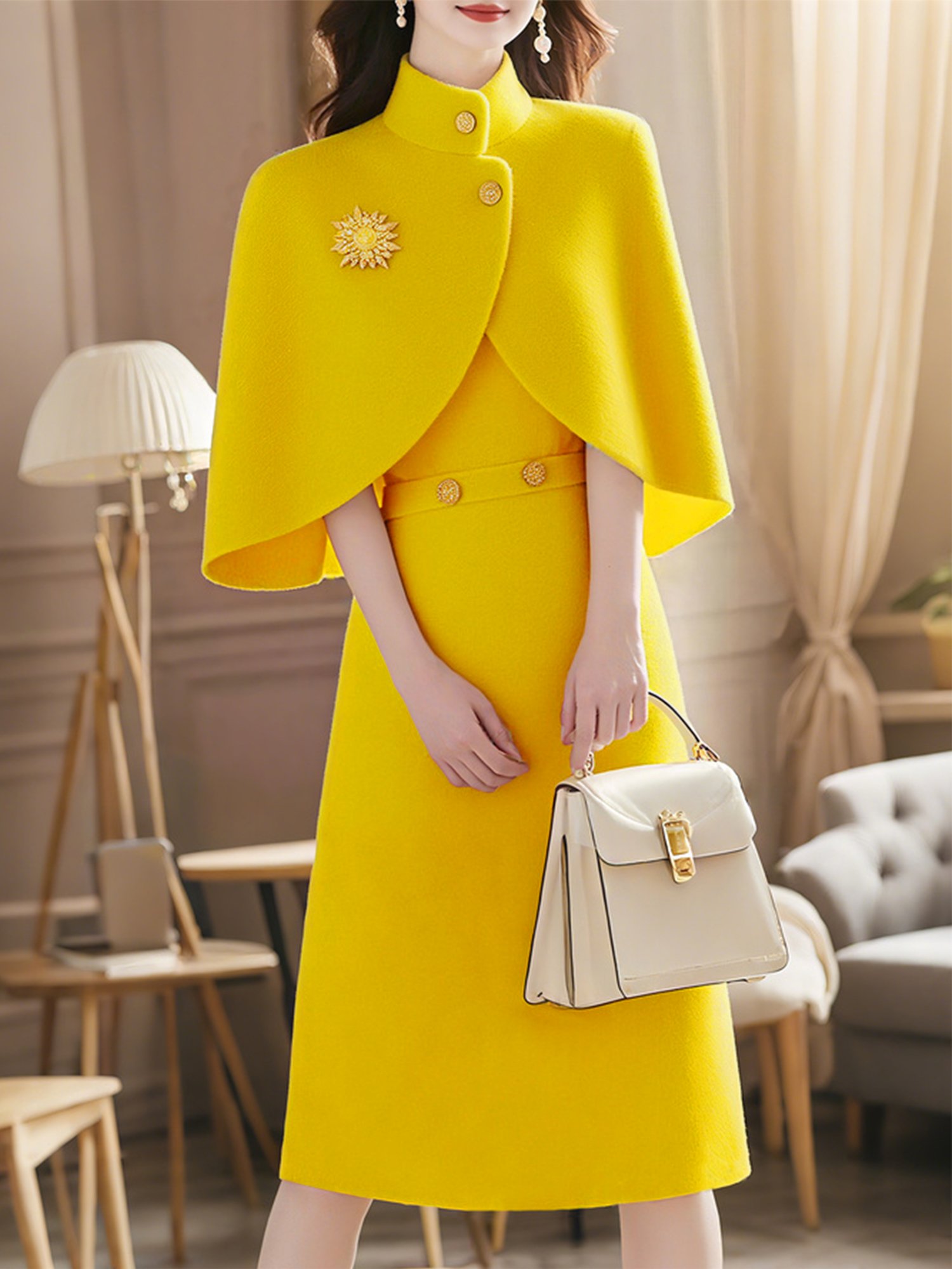 Elegant Plain Buttoned Stand Collar Knee Length Sweater Dress With Brooch
