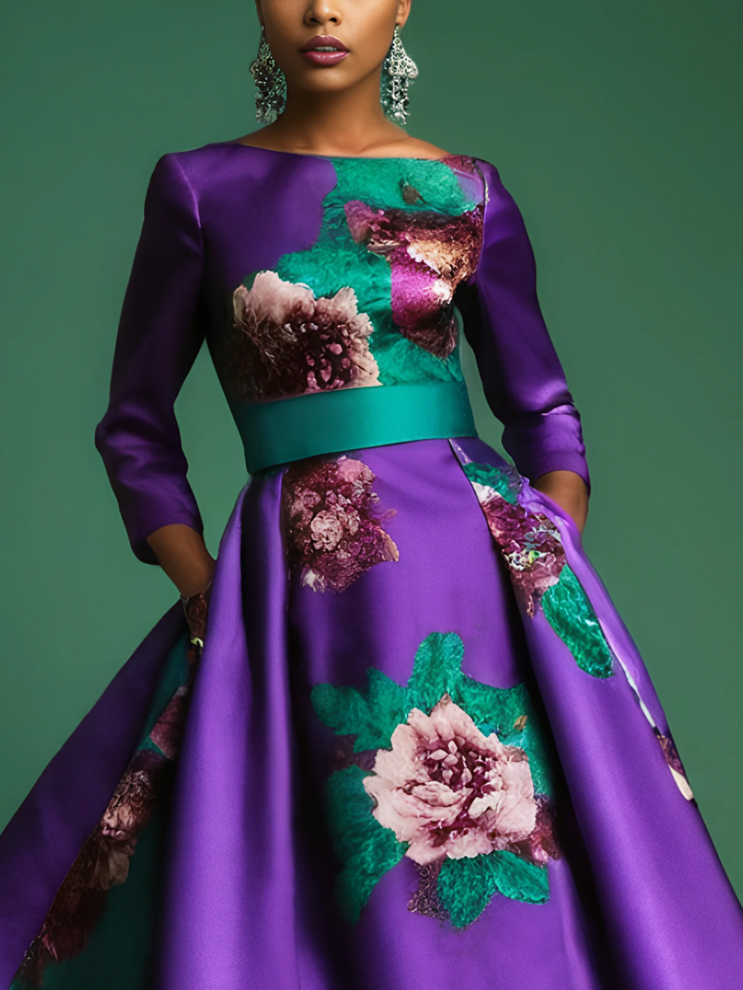 Elegant Floral Printing Boat Neck Midi Party Dress