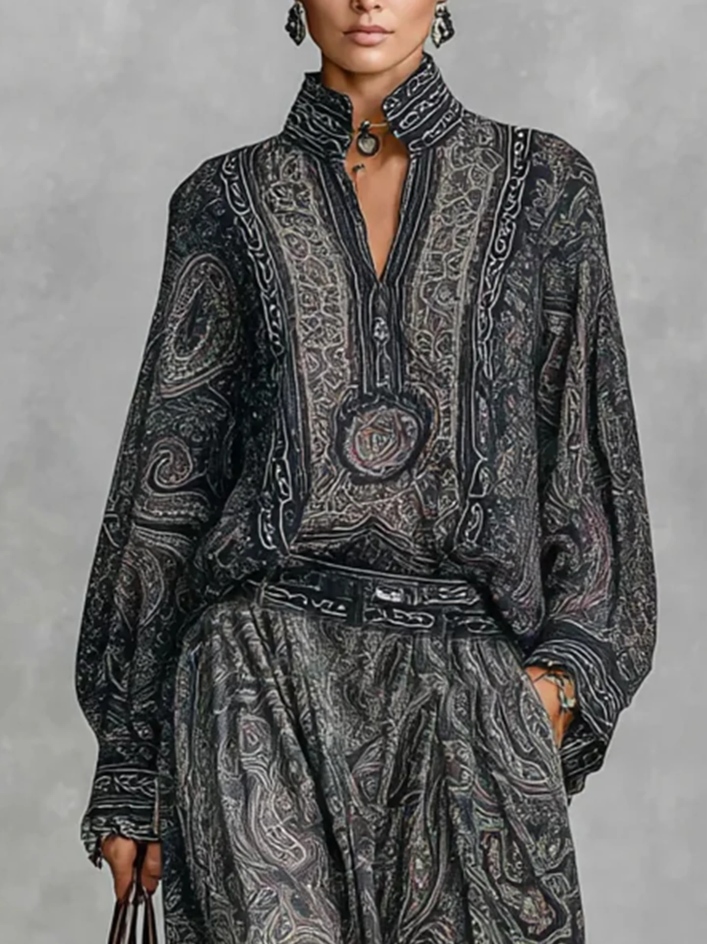 Casual Paisley Balloon Sleeve Blouse