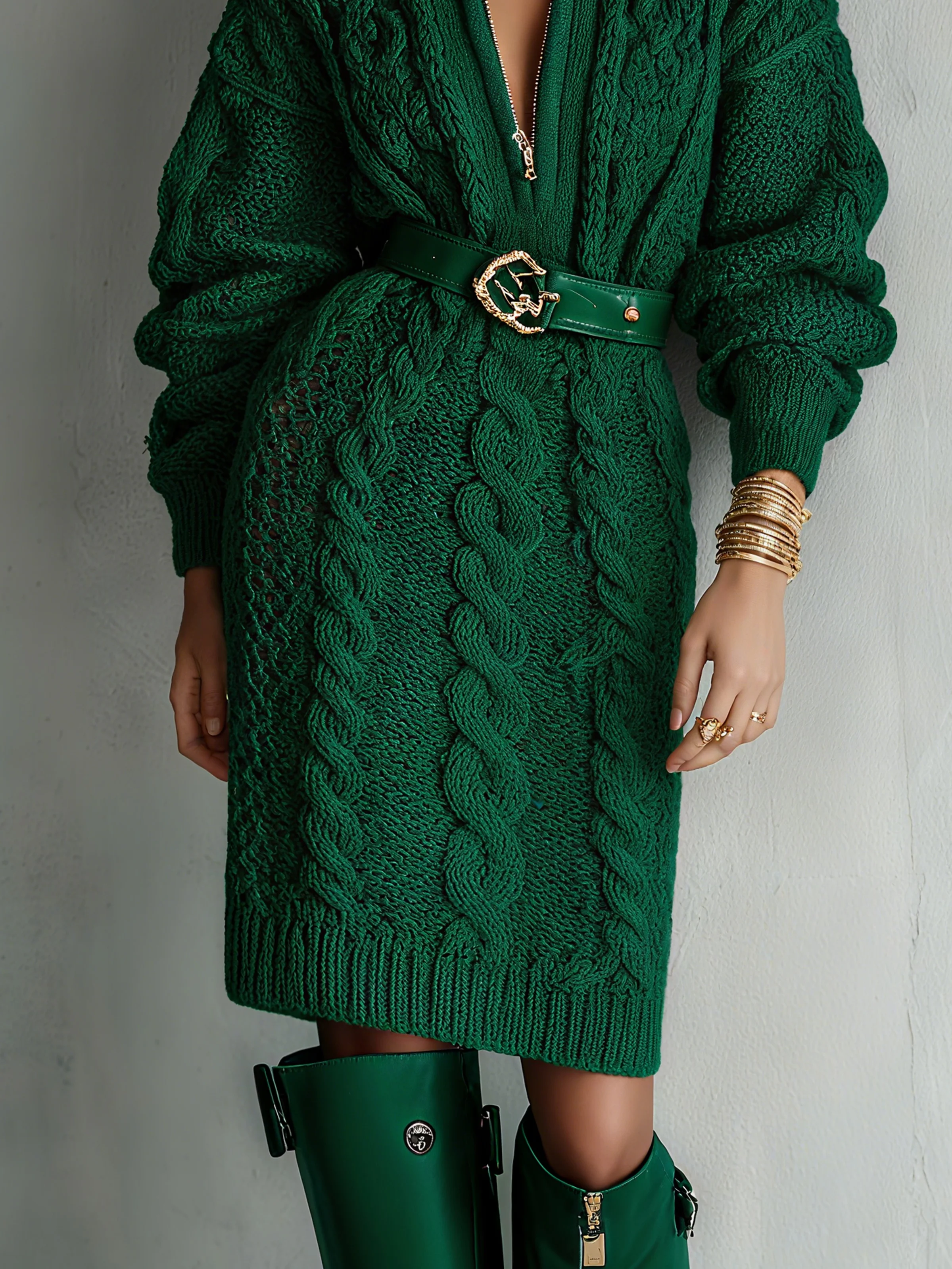 Urban Plain Zipper Mock Neck Midi Sweater Dress No Belt