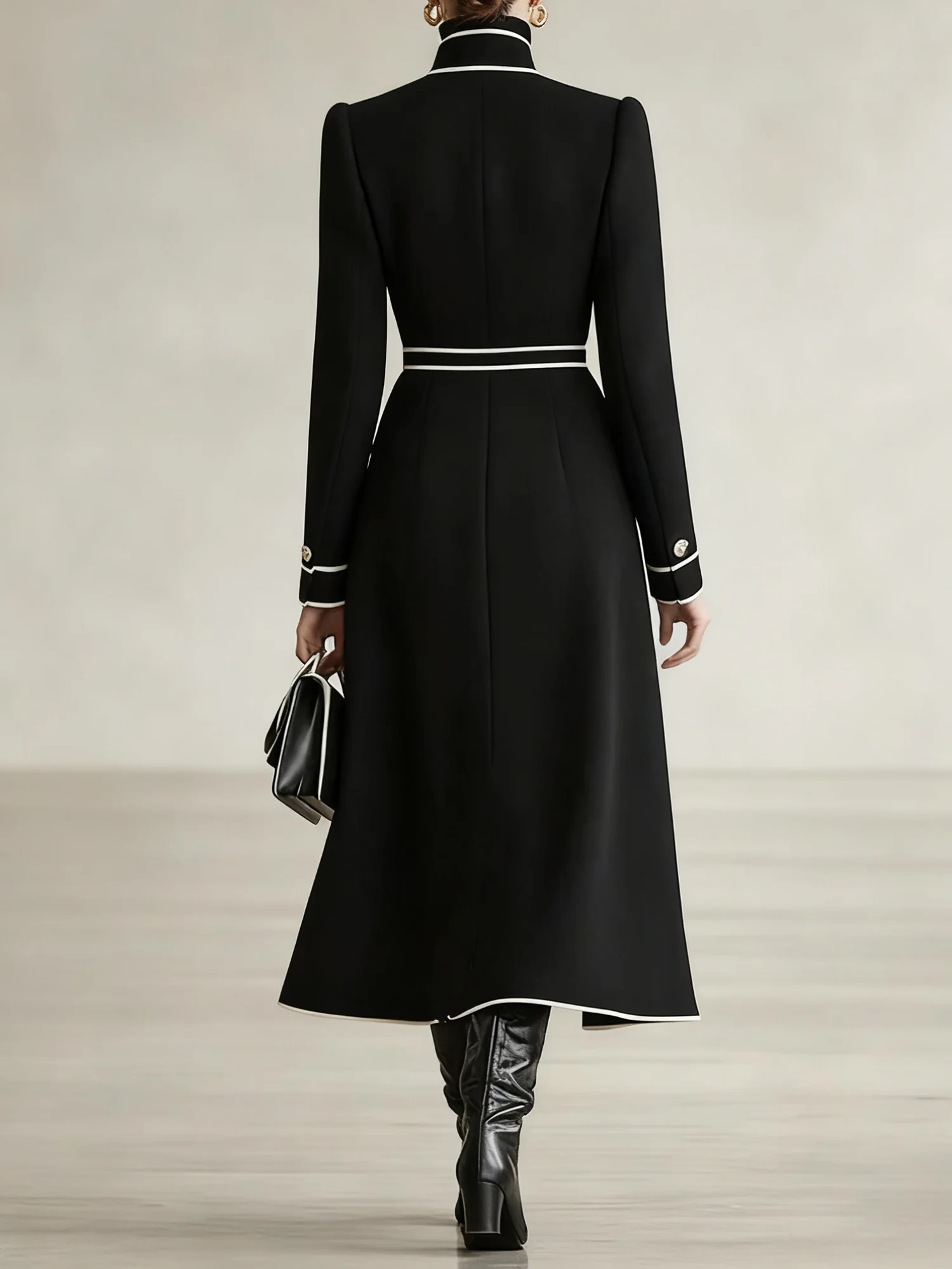 Urban Color Block Stand Collar Coat With Belt