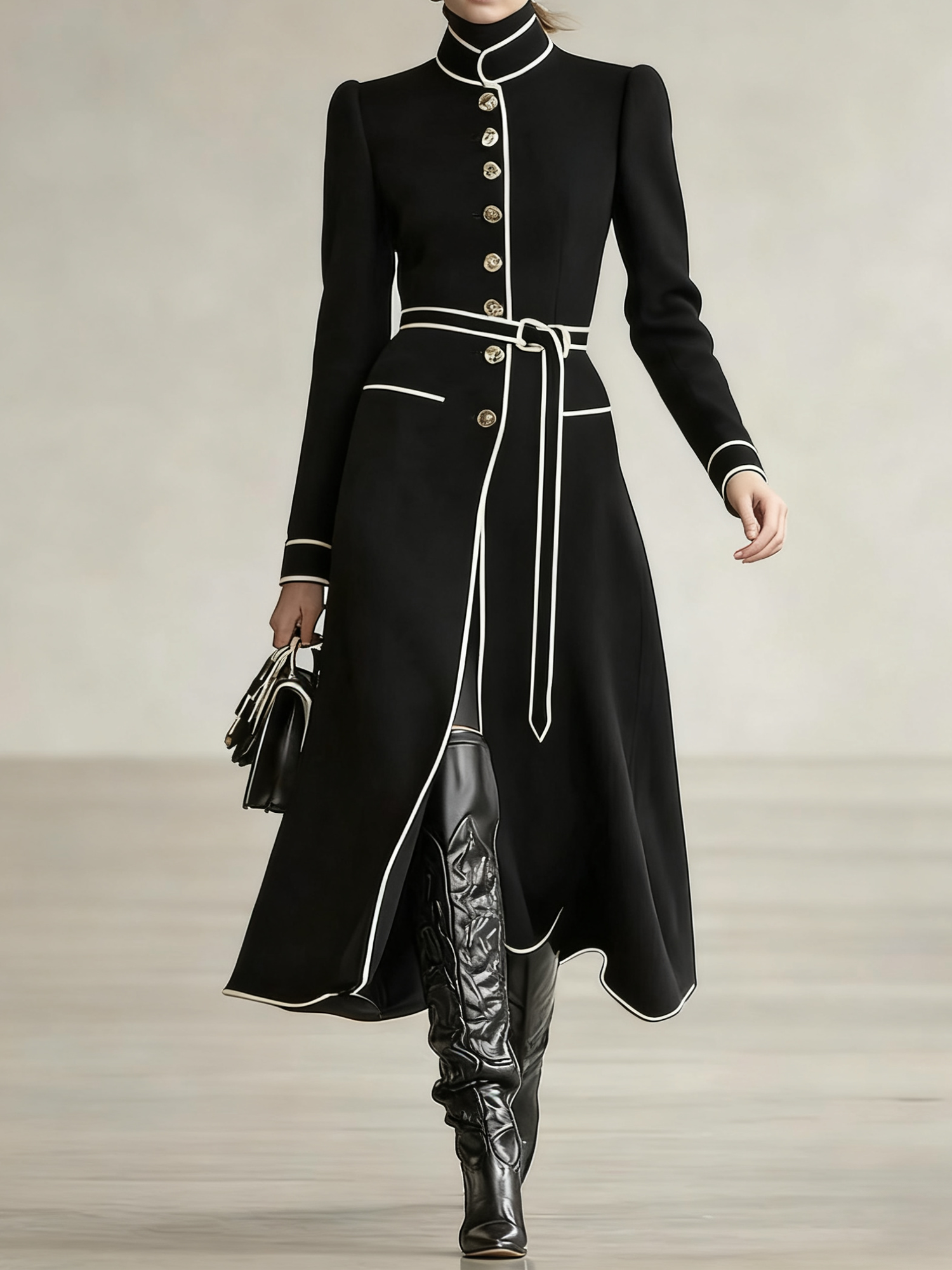 Urban Color Block Stand Collar Coat With Belt
