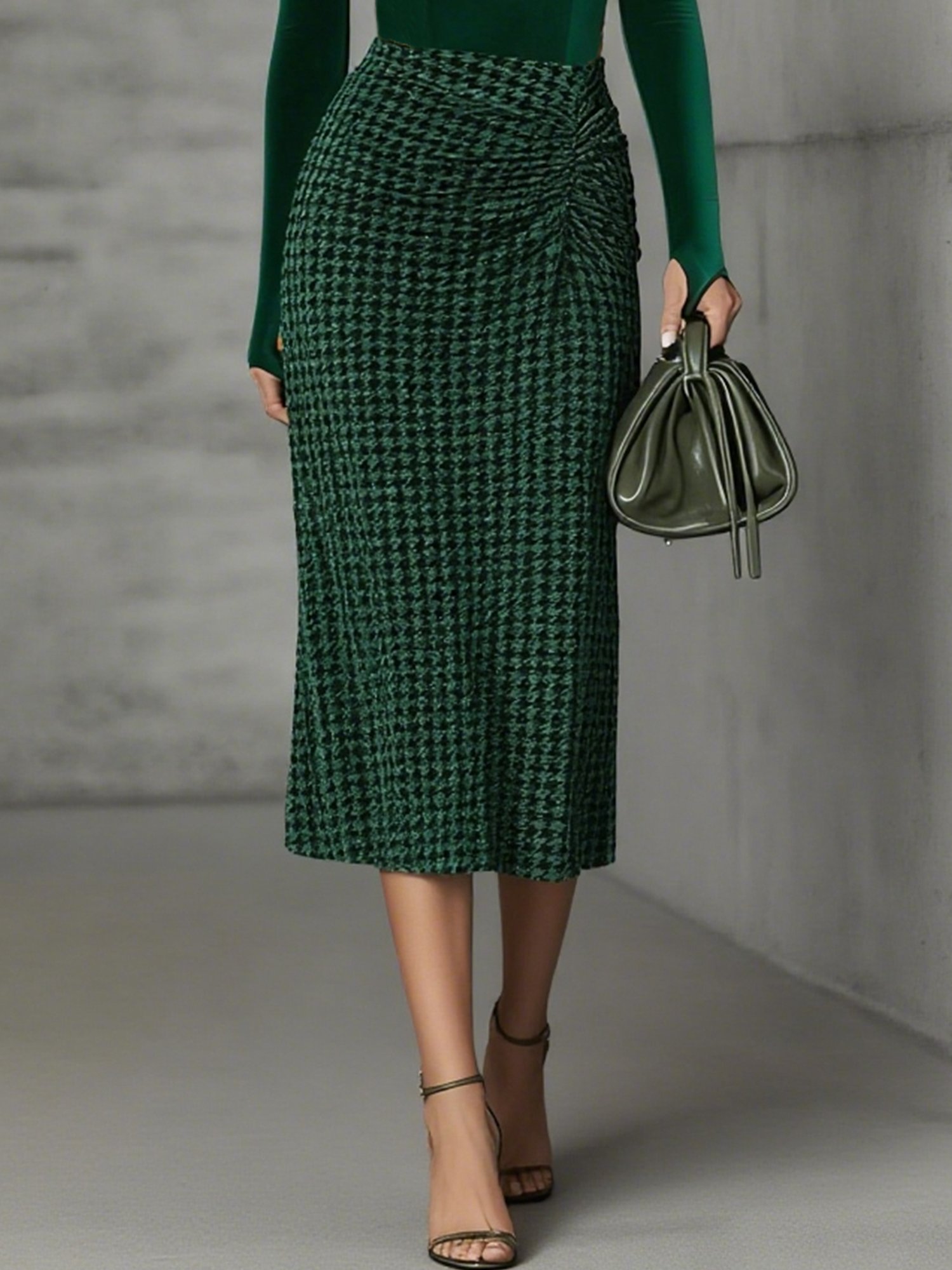 Urban Ruched Houndstooth Midi Skirt