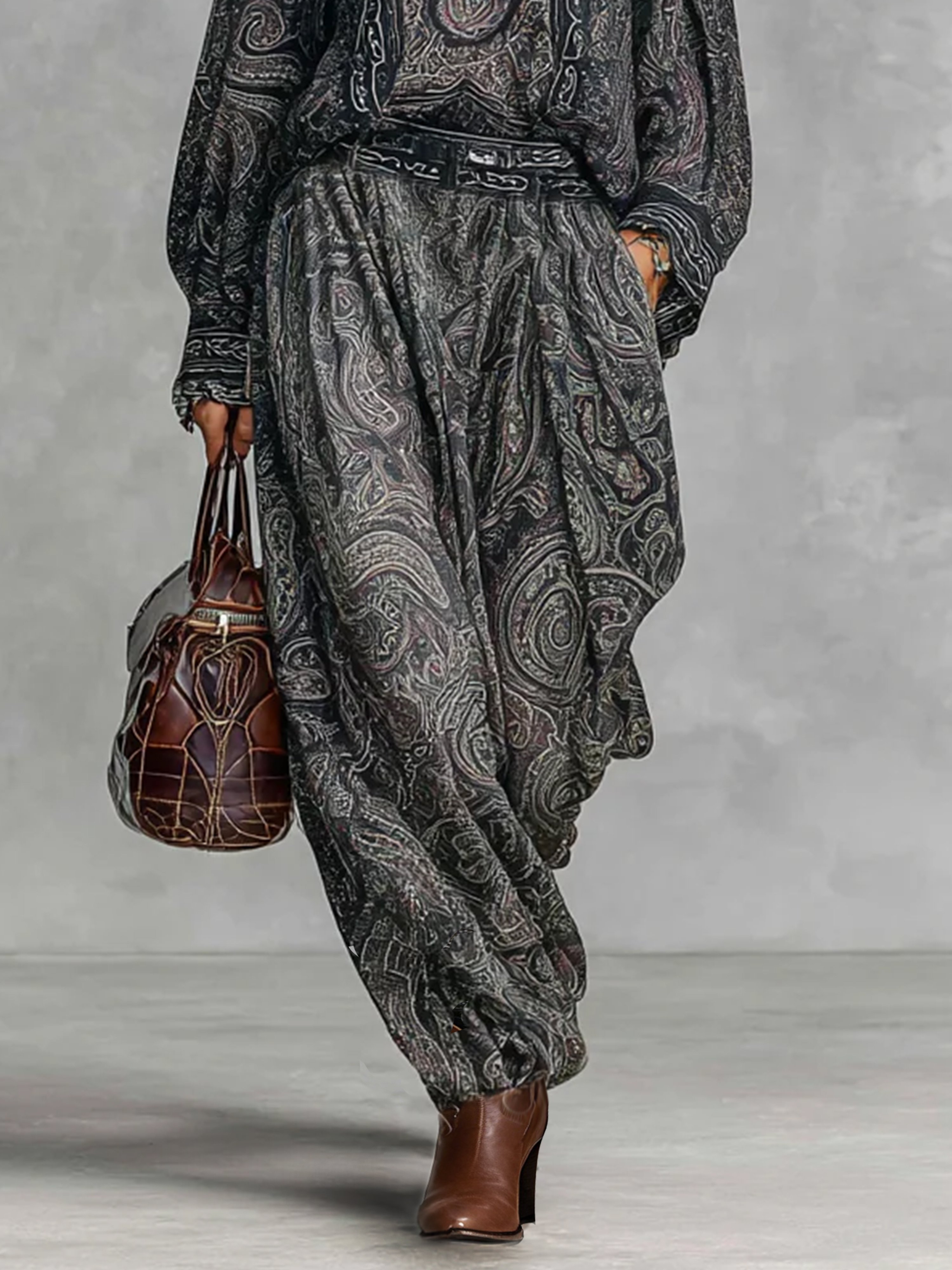 Casual Paisley Printing Ankle Banded Pants