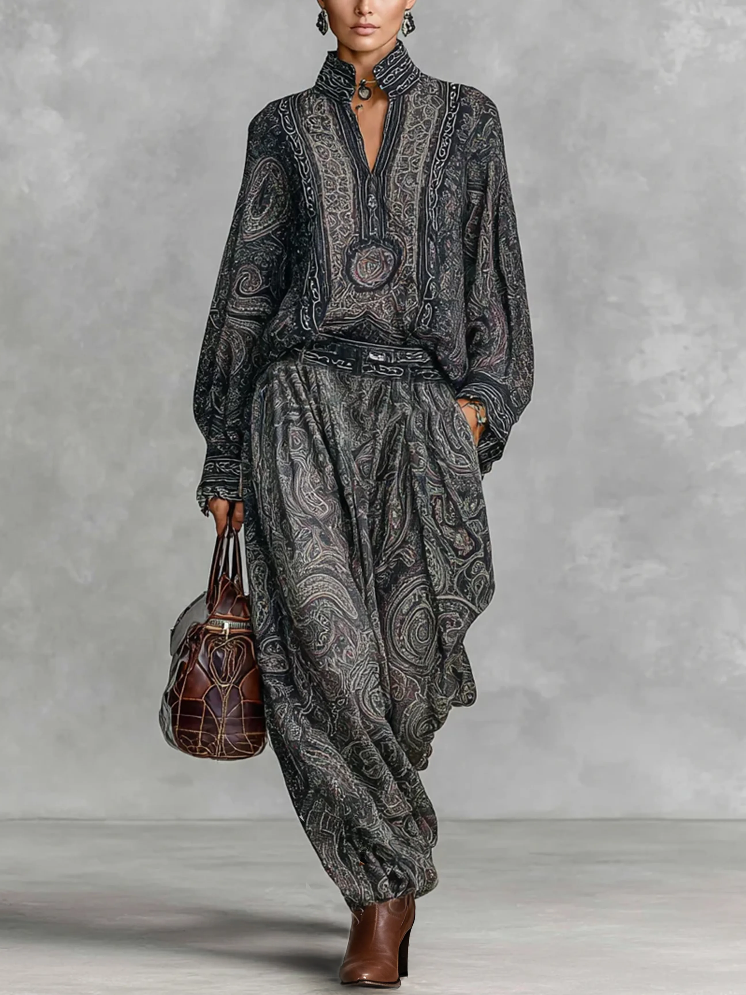 Casual Paisley Balloon Sleeve Blouse