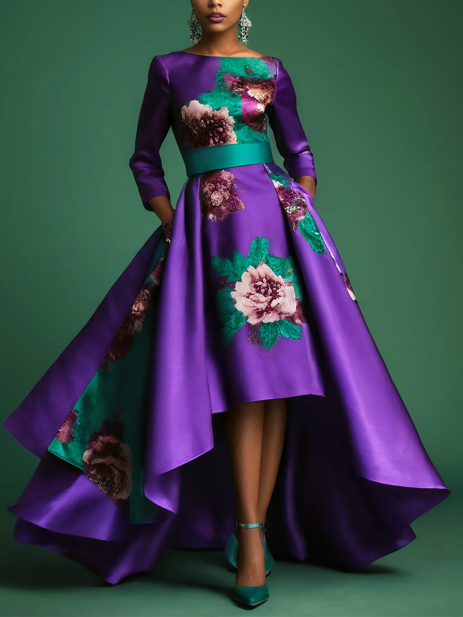 Elegant Floral Printing Boat Neck Midi Party Dress