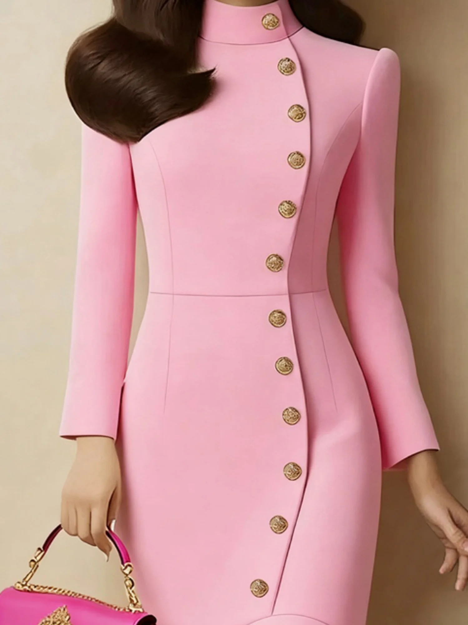 Elegant Plain Buttoned Stand Collar Midi Dress