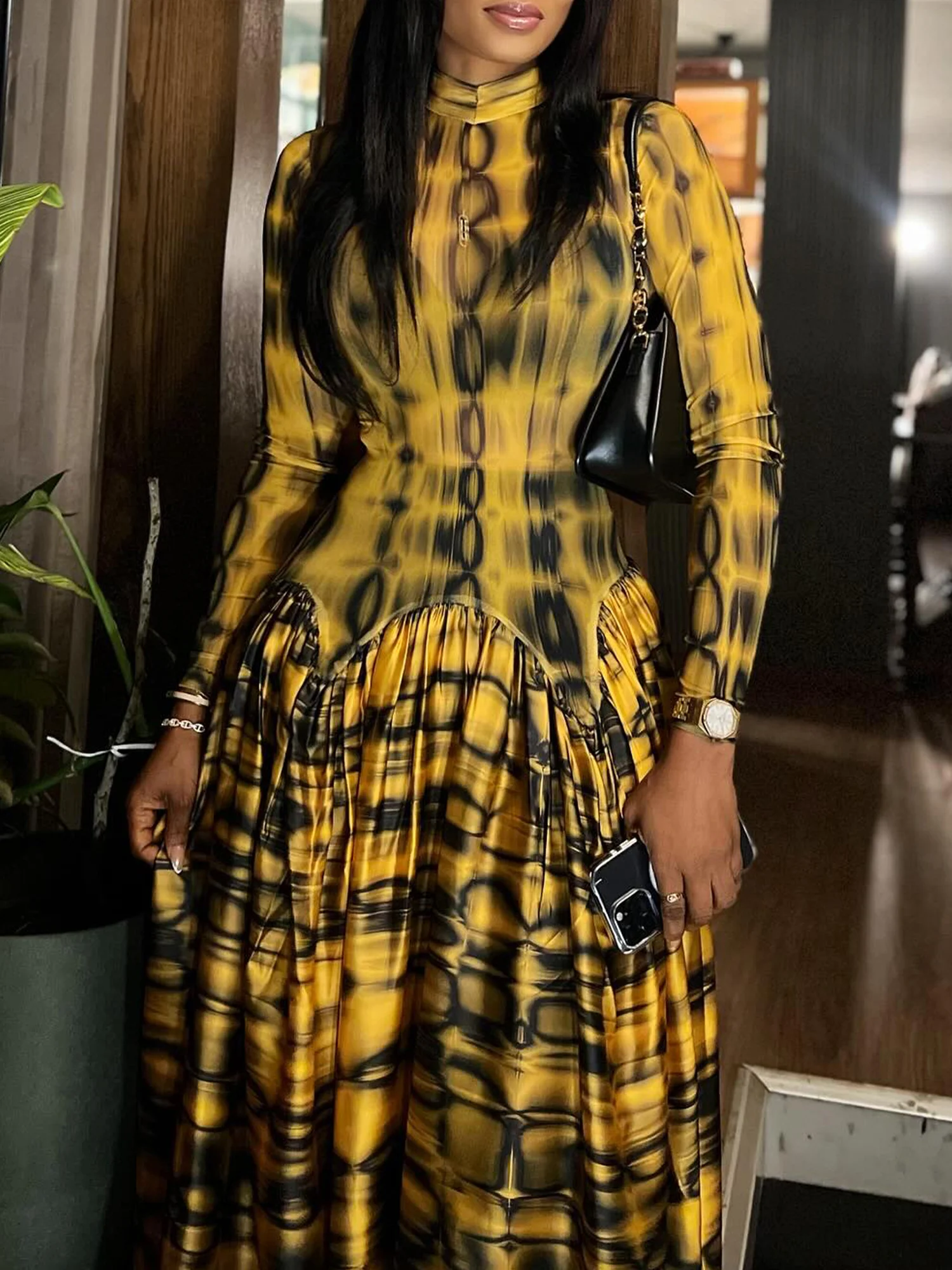 Urban Abstract Graphic  Printing Turtleneck Maxi Dress