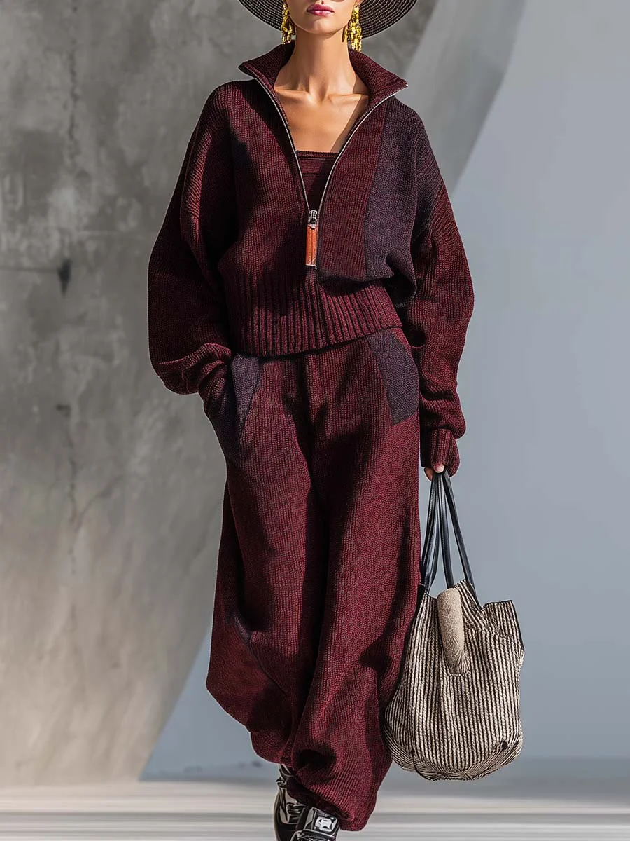 Casual Color Block Zipper Cardigan