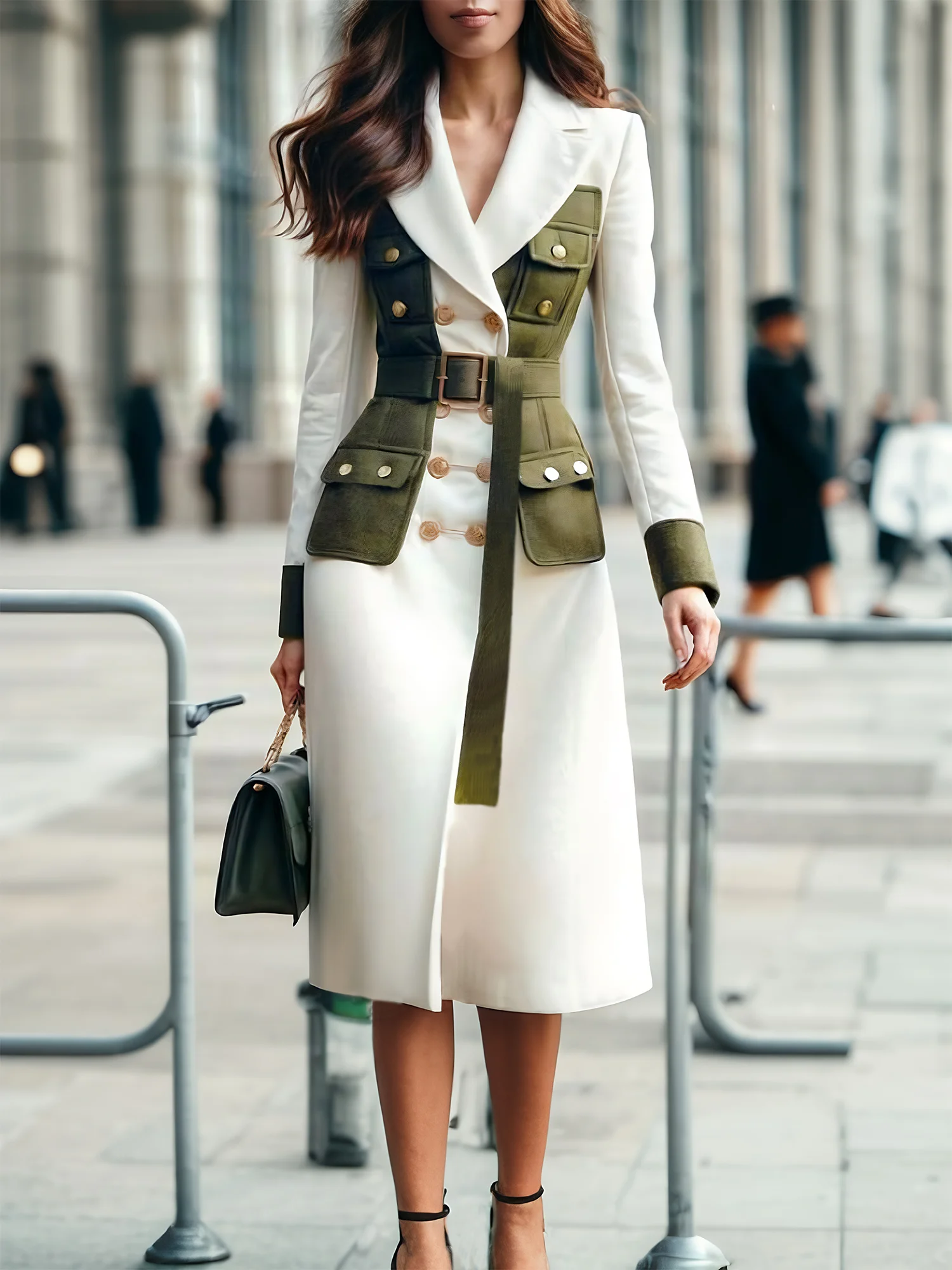Urban Split Joint Color Block Lapel Collar Coat With Belt