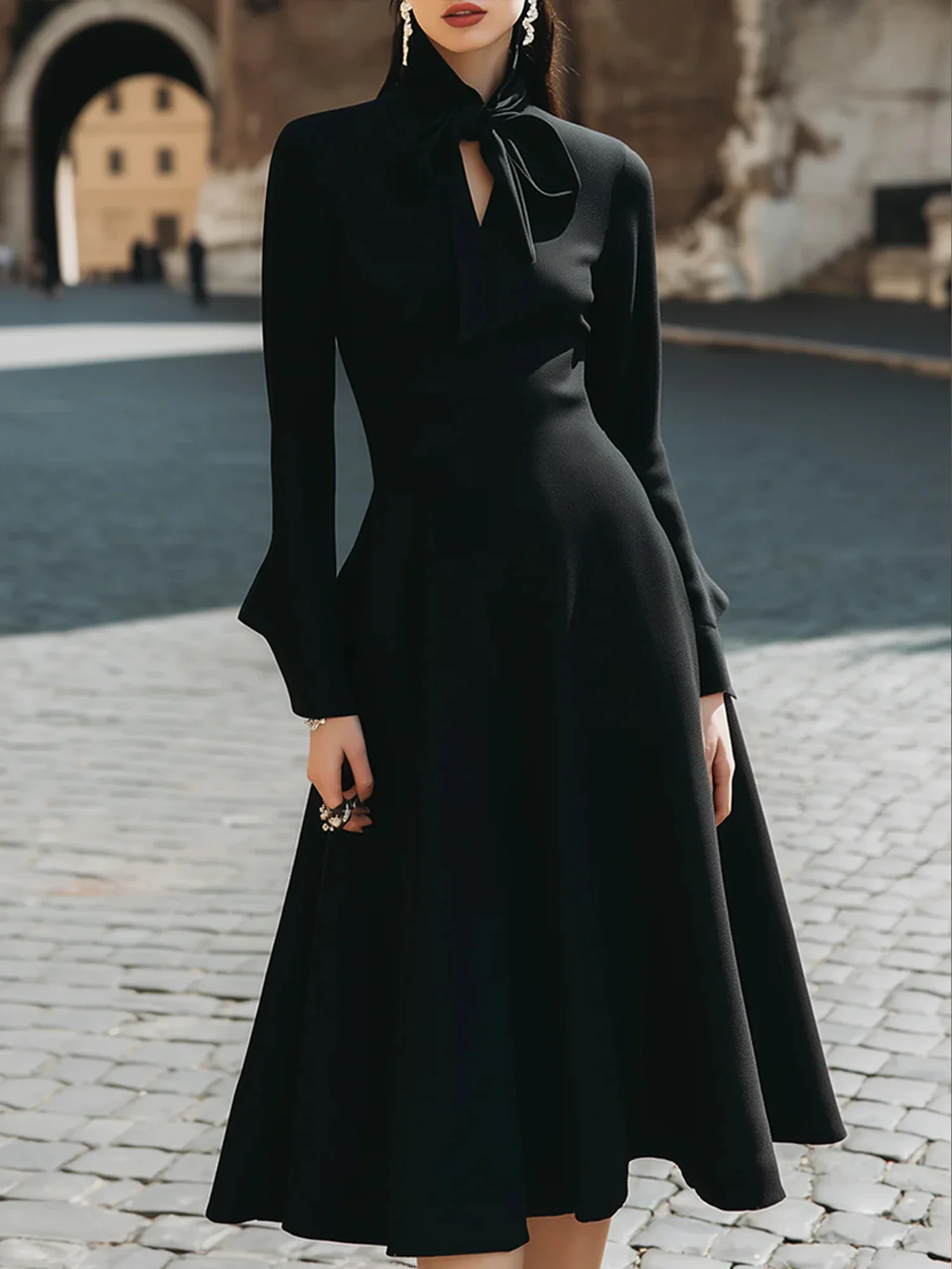 Elegant Plain Lace-up V Neck Midi Dress