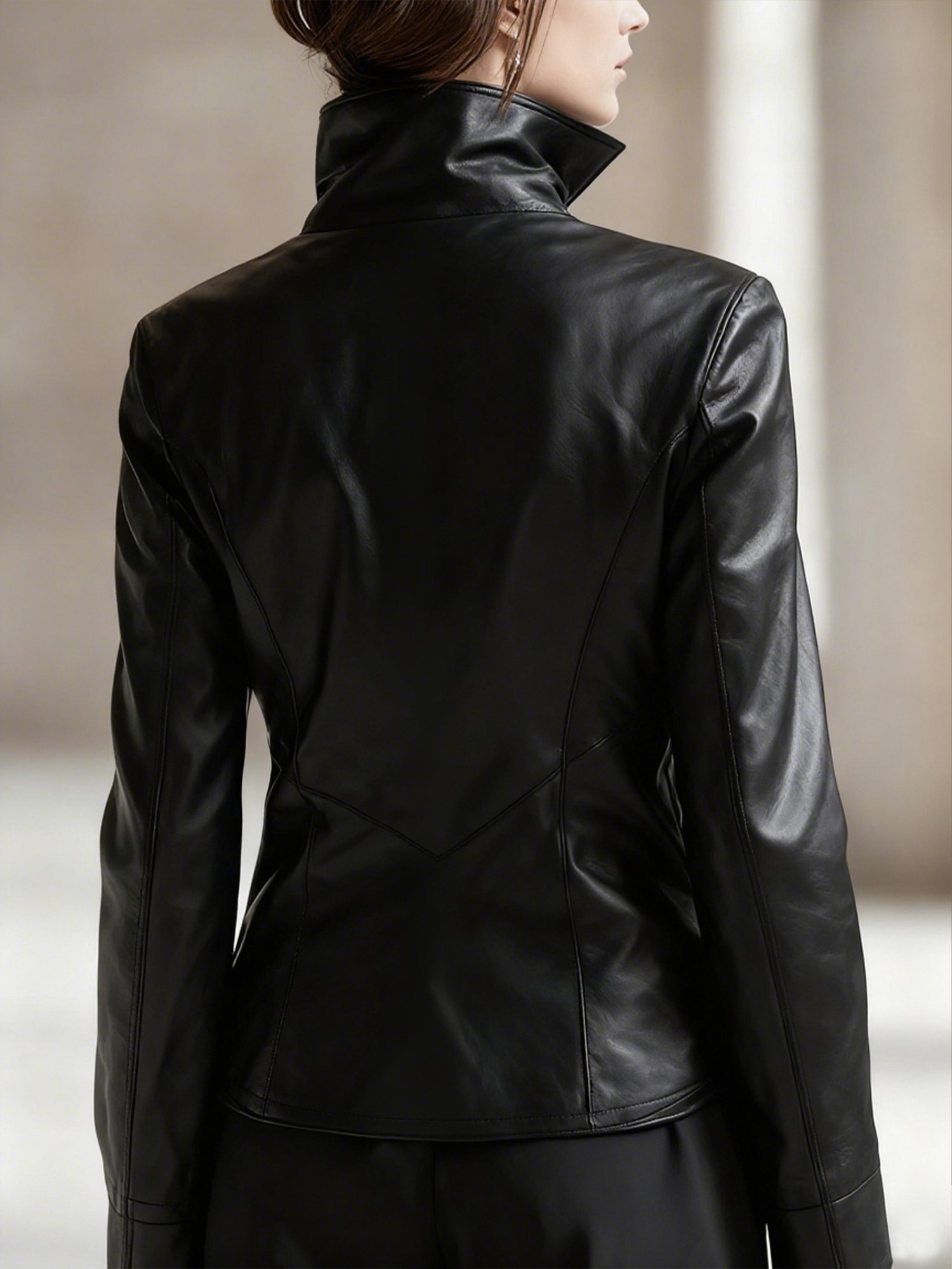 Urban  Zipper Plain Stand Collar Faux Leather Coat