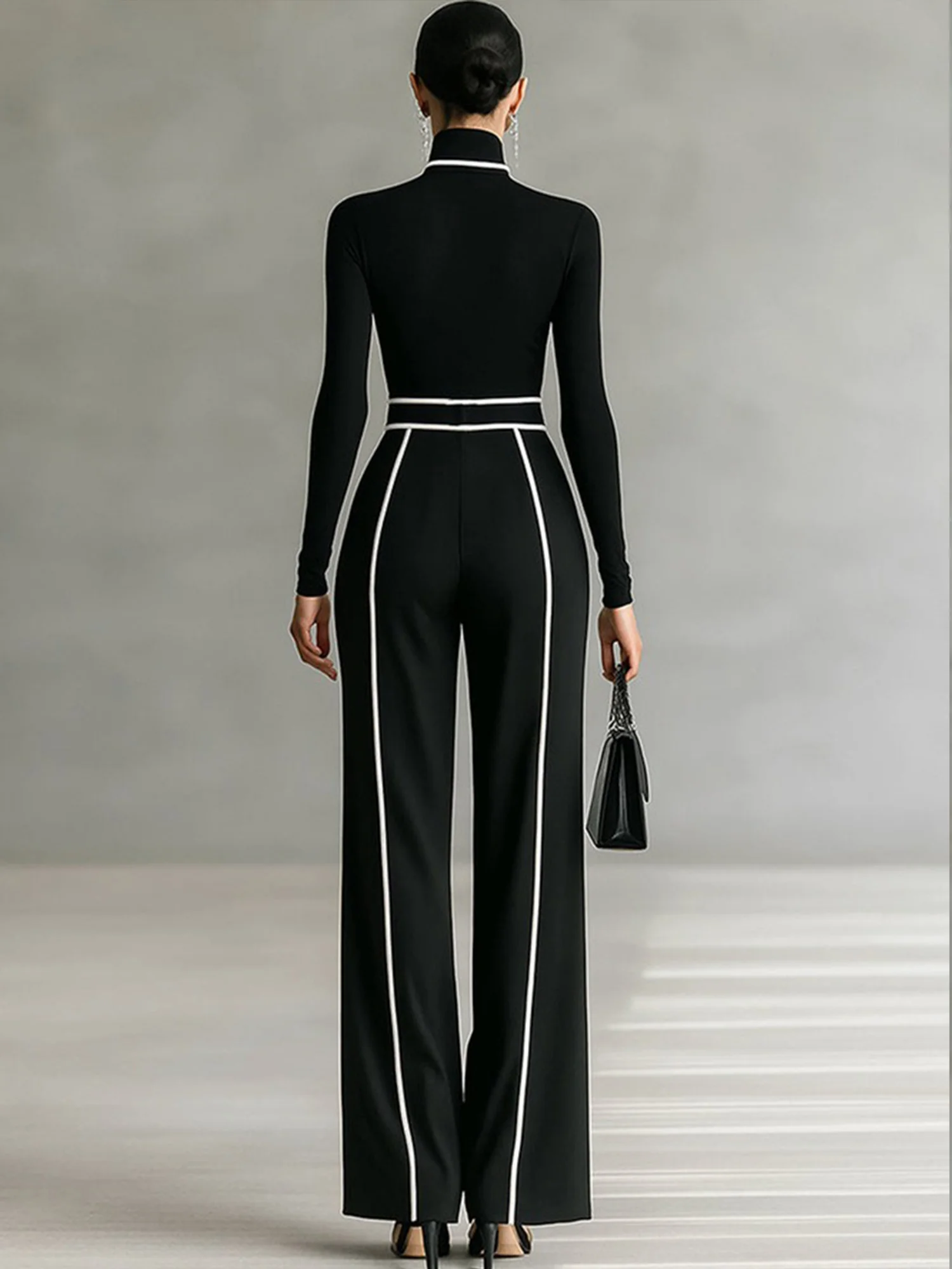 Plus Size Casual Color Block Piping Straight Pants