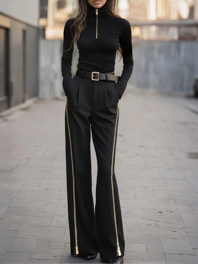 Plus Size Jersey Urban Plain Zipper Turtleneck T-shirt