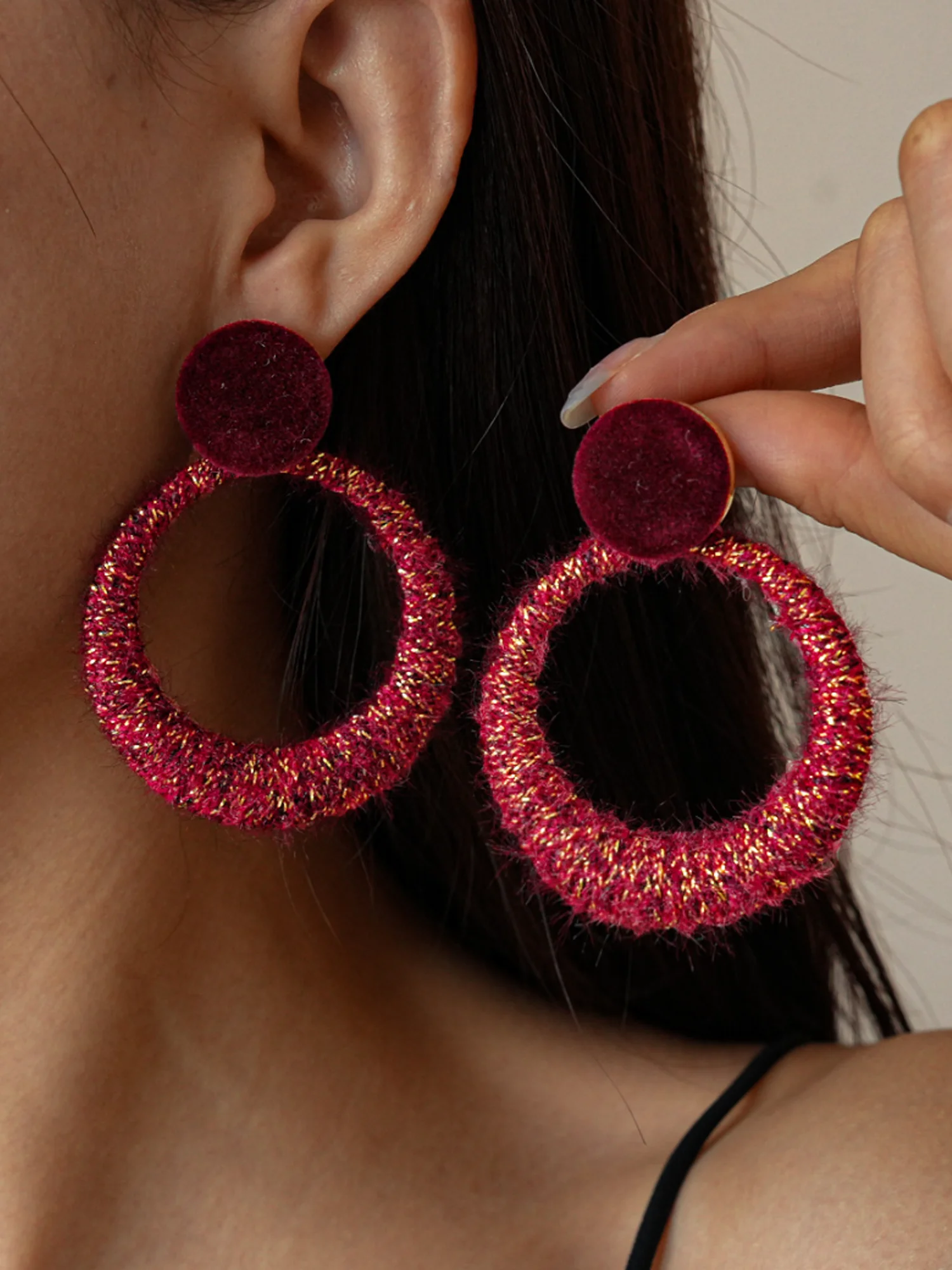 Winter wool flocking hollow round steel needle earrings