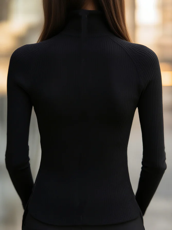 Plus Size Jersey Urban Plain Zipper Turtleneck T-shirt