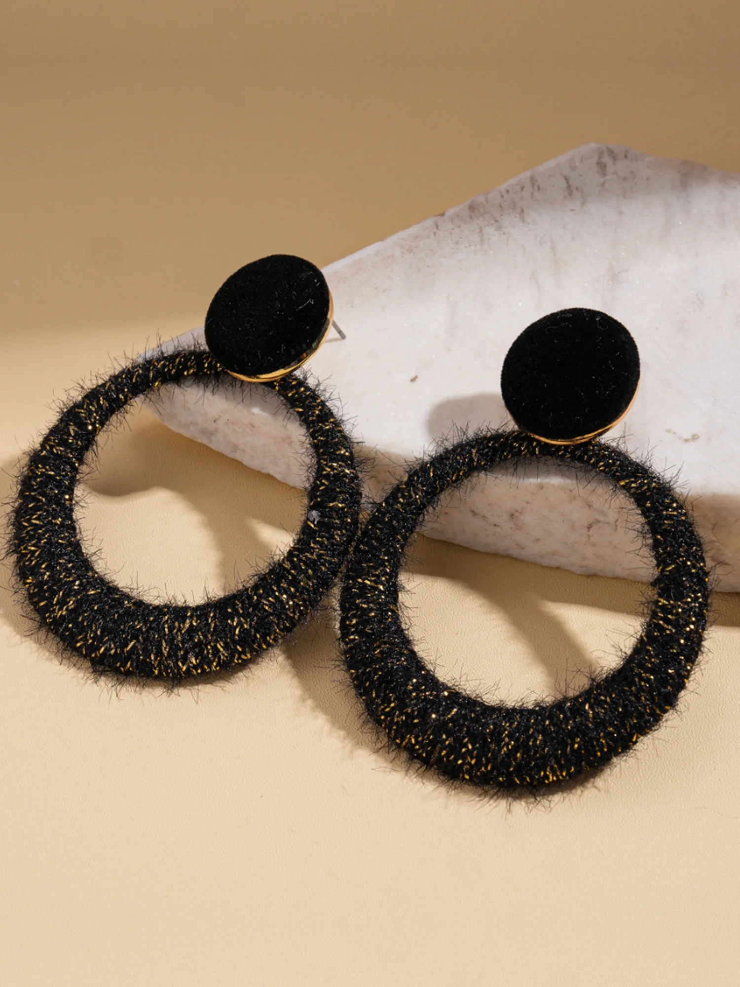 Winter wool flocking hollow round steel needle earrings