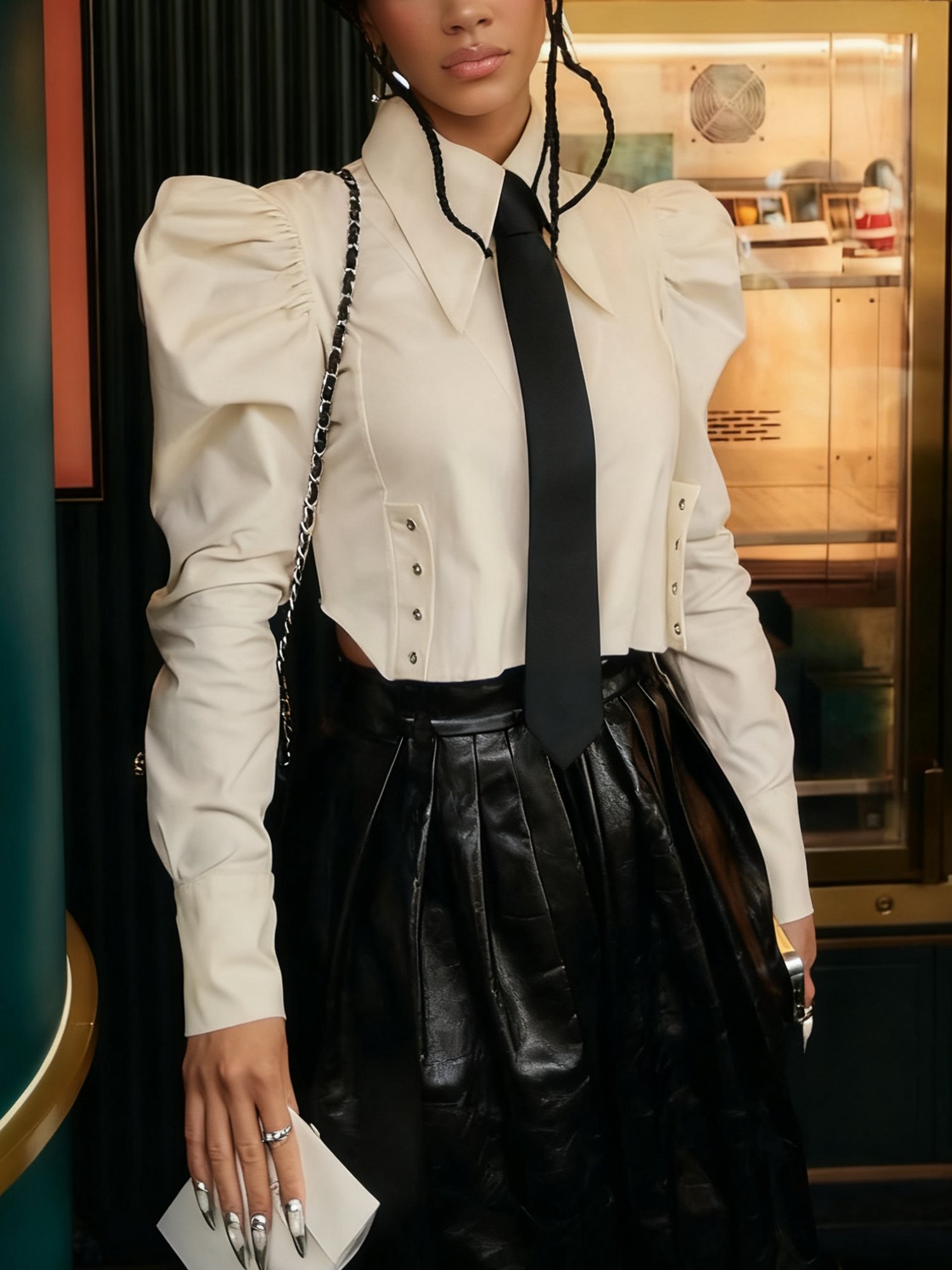 Cotton Urban Plain Shirt Collar Puff Sleeve Shirt With Tie