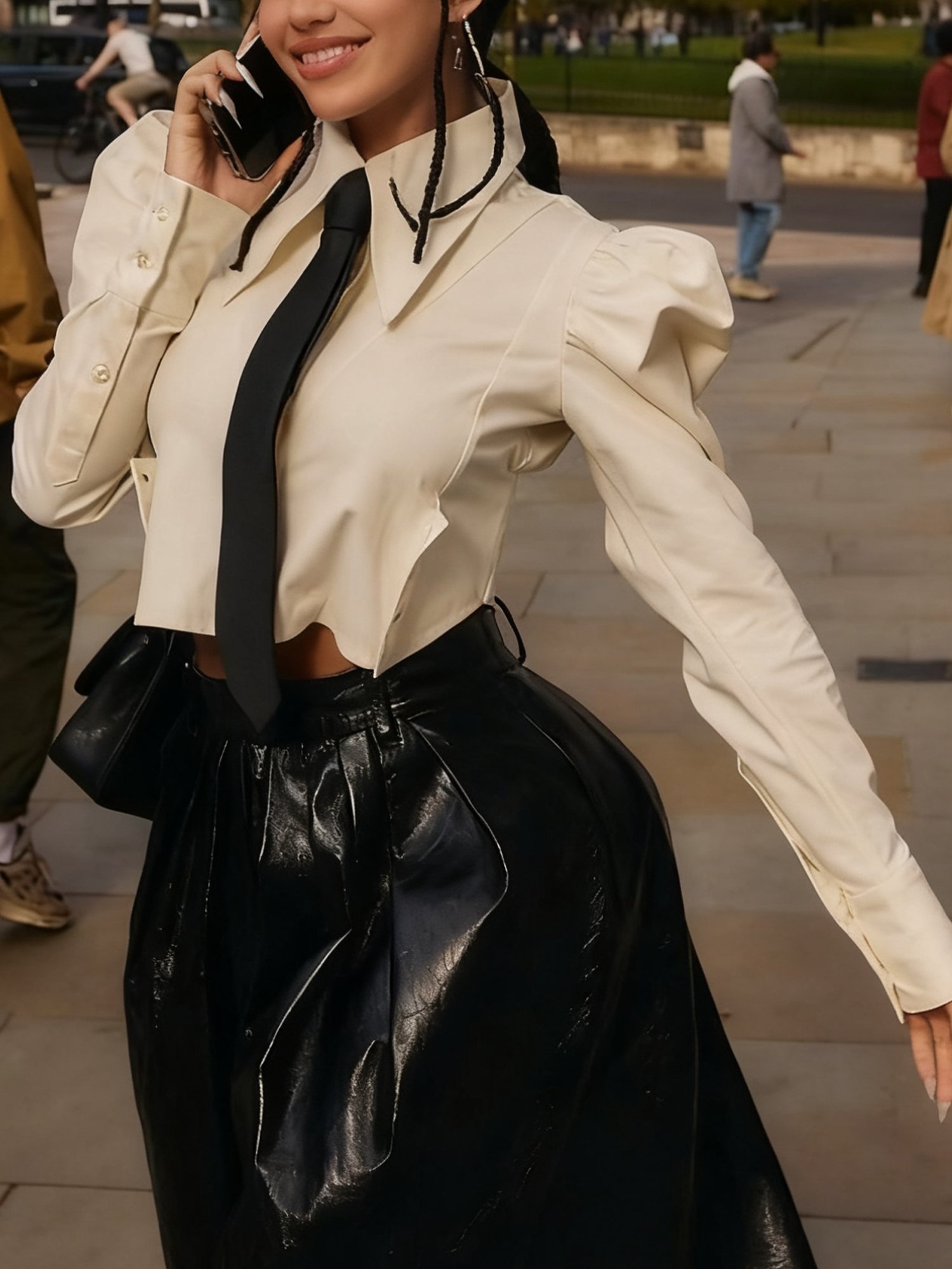 Cotton Urban Plain Shirt Collar Puff Sleeve Shirt With Tie