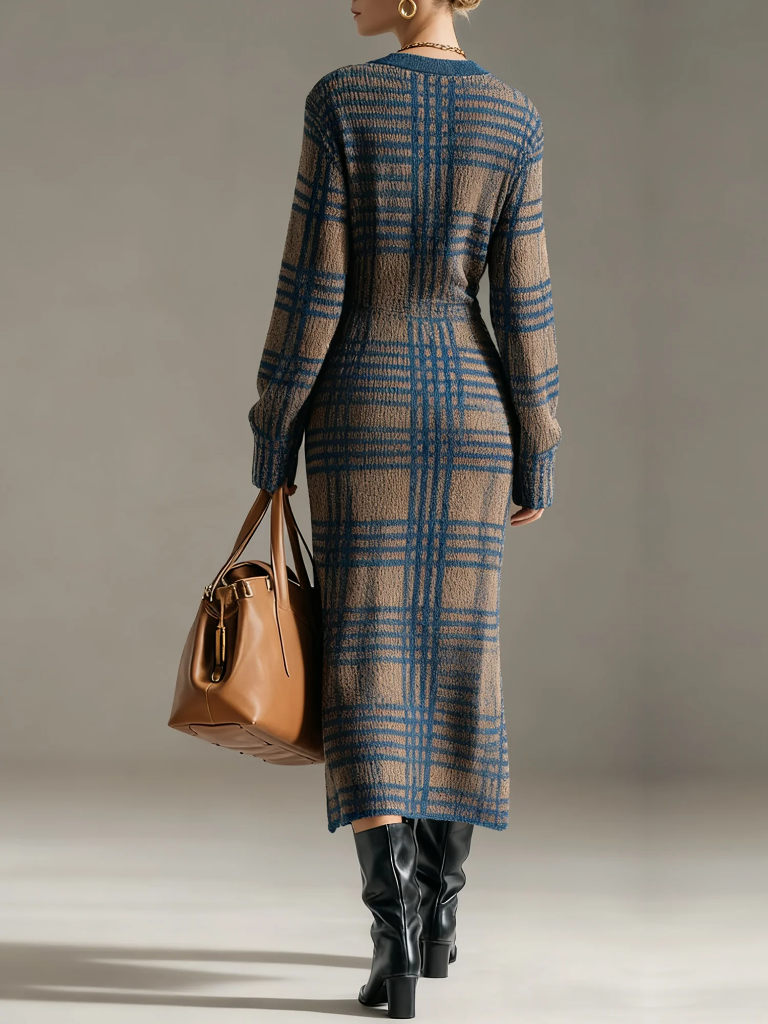 Urban Plaid V Neck Maxi Sweater Dress