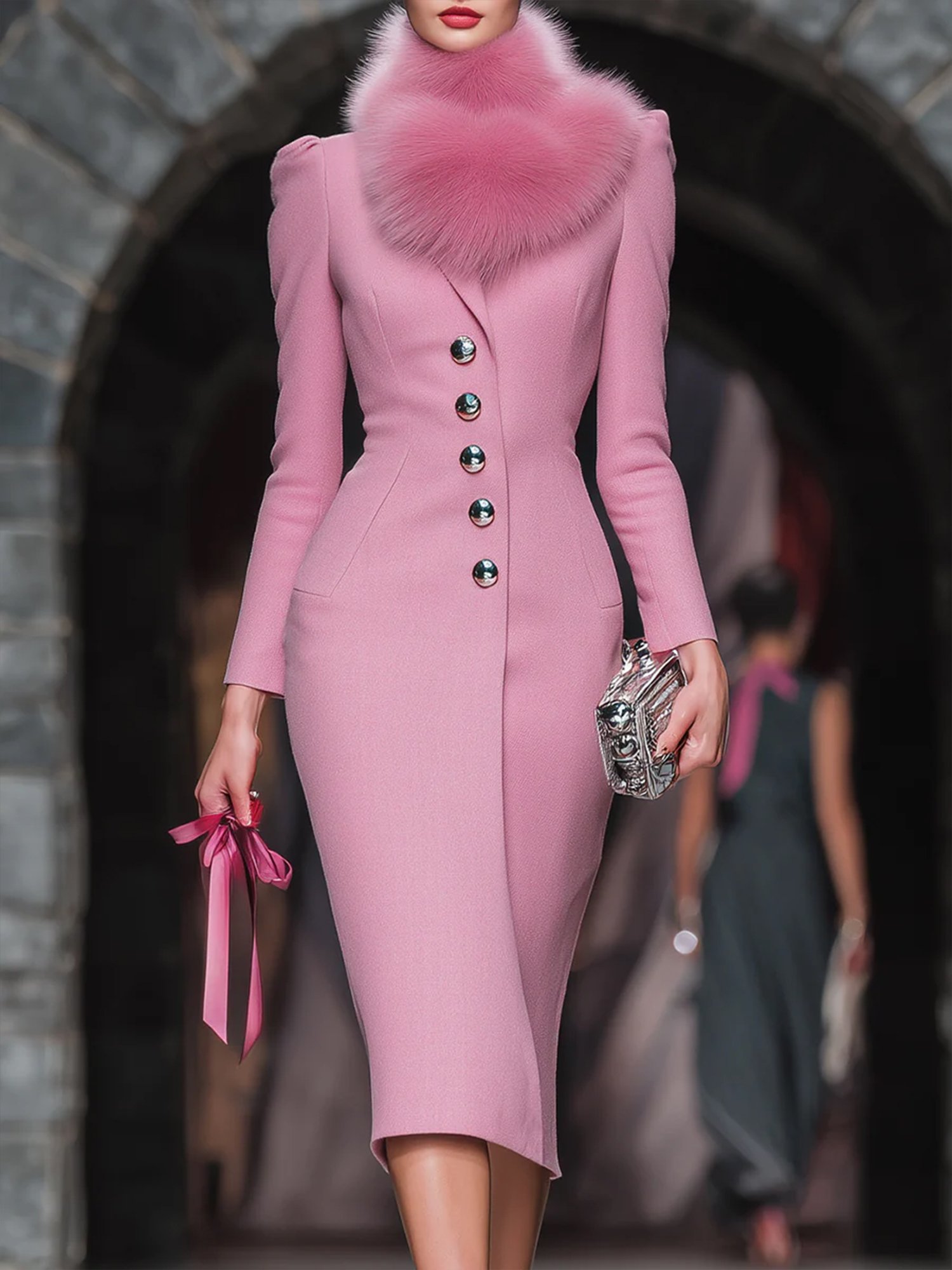 Elegant Buttoned Plain Lapel Collar Coat With Scarf