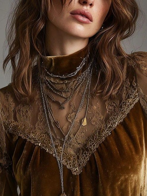 Velvet Elegant Plain Printing Stand Collar Puff Sleeve Blouse