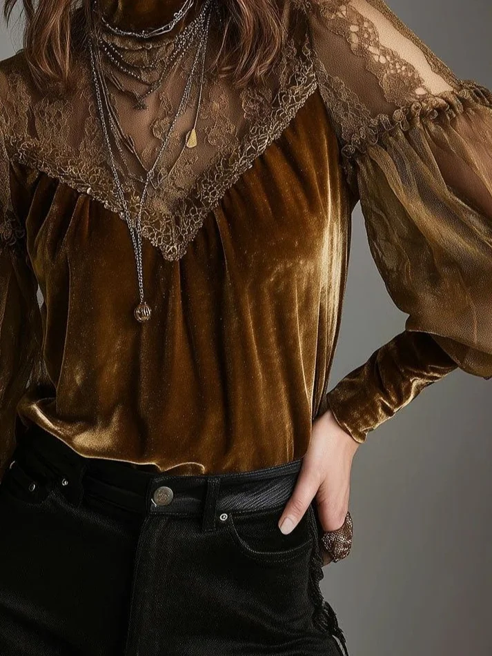 Velvet Elegant Plain Printing Stand Collar Puff Sleeve Blouse