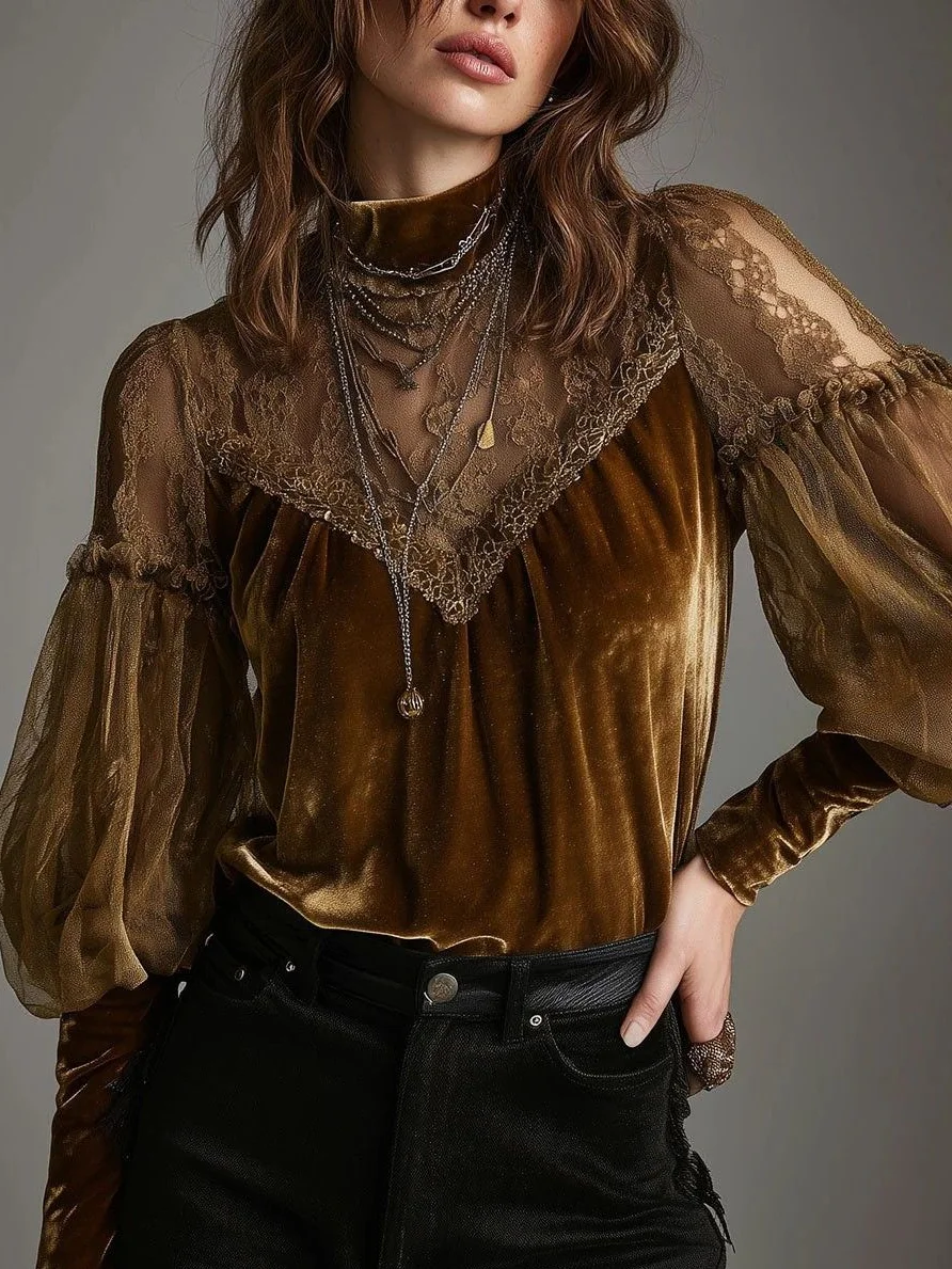 Velvet Elegant Plain Printing Stand Collar Puff Sleeve Blouse