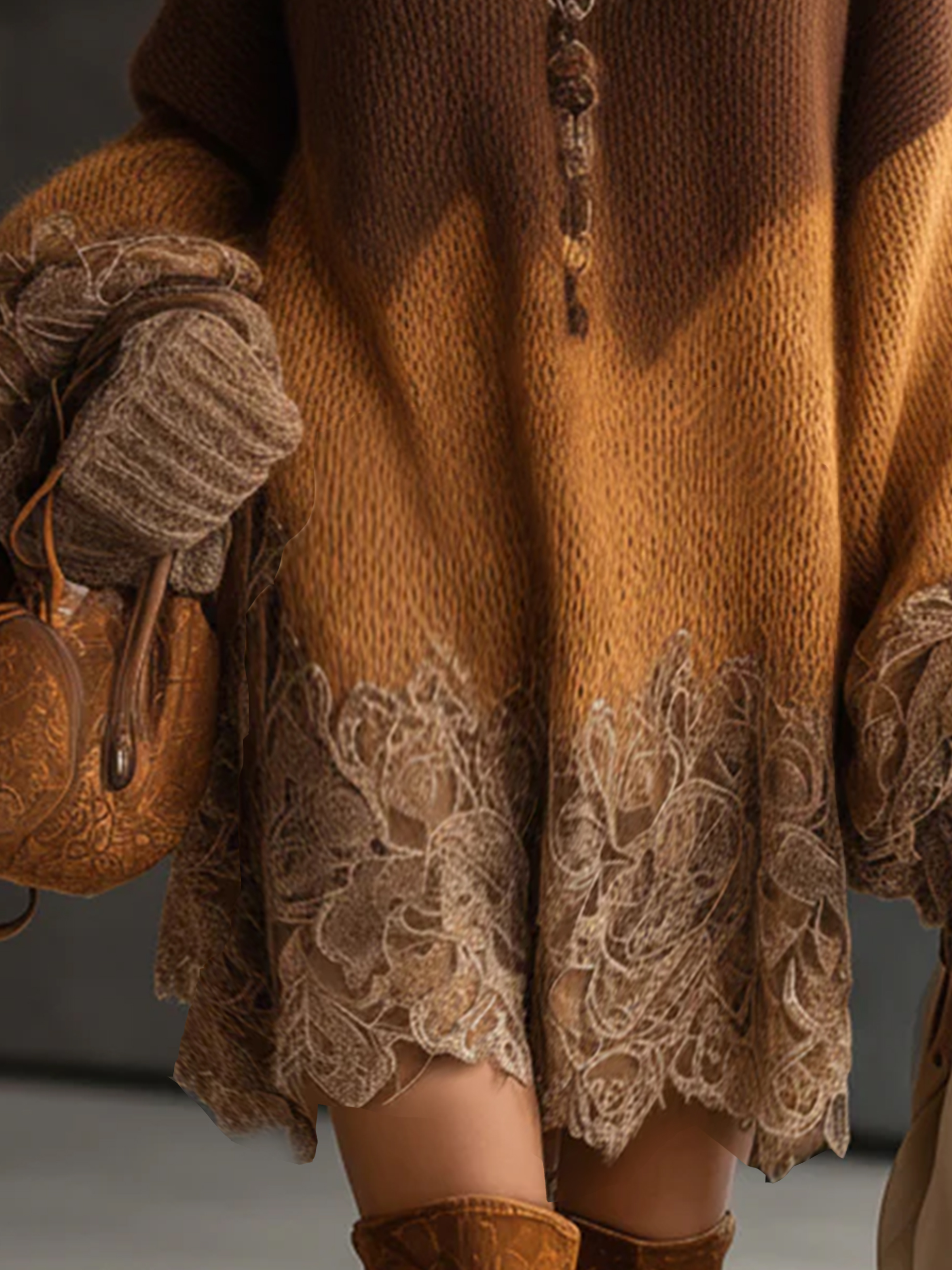 Urban Color Block Balloon Sleeve Lace Knee Length Dress