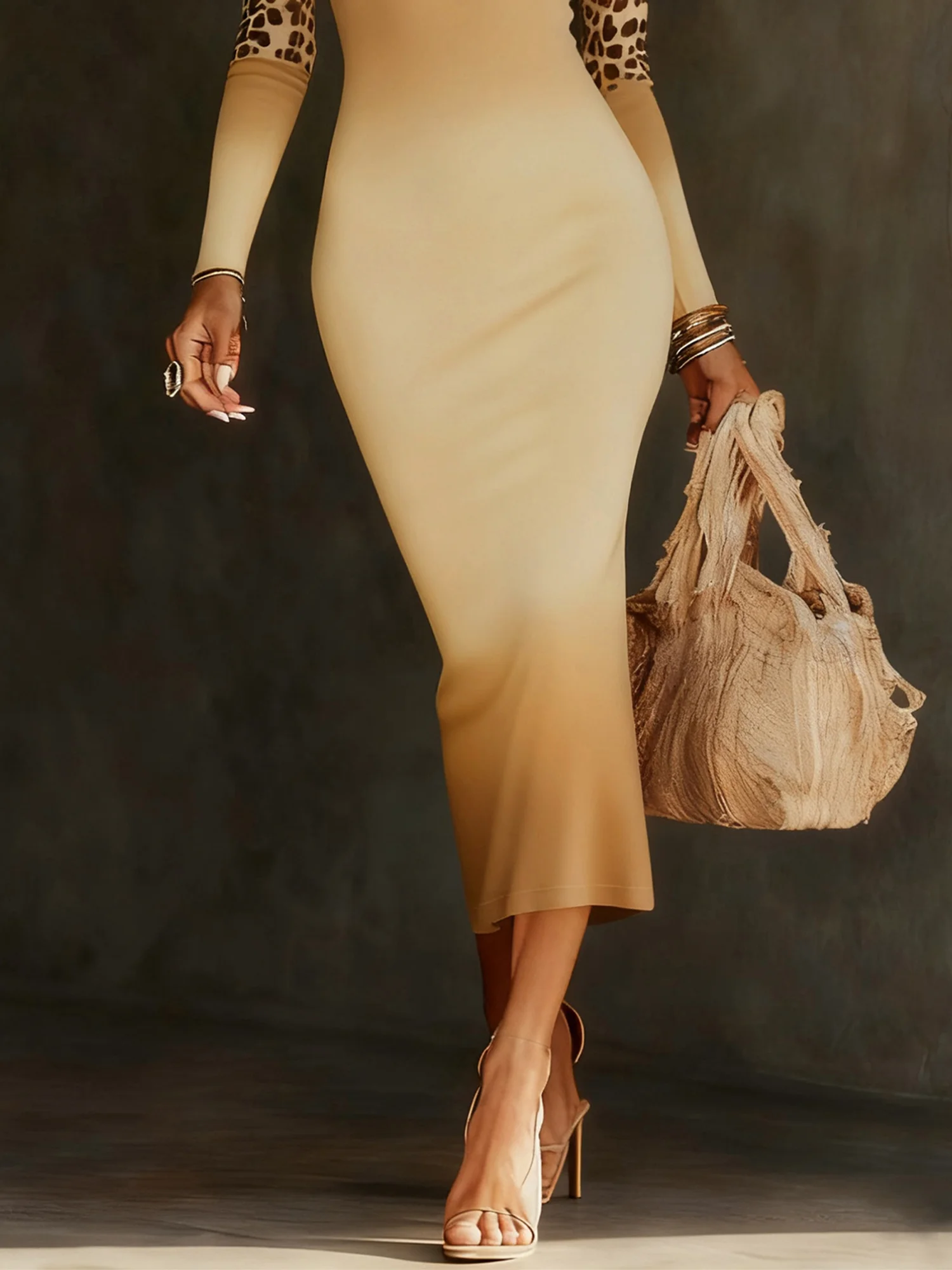 Urban Ombre Animal Print Printing Stand Collar Midi Dress