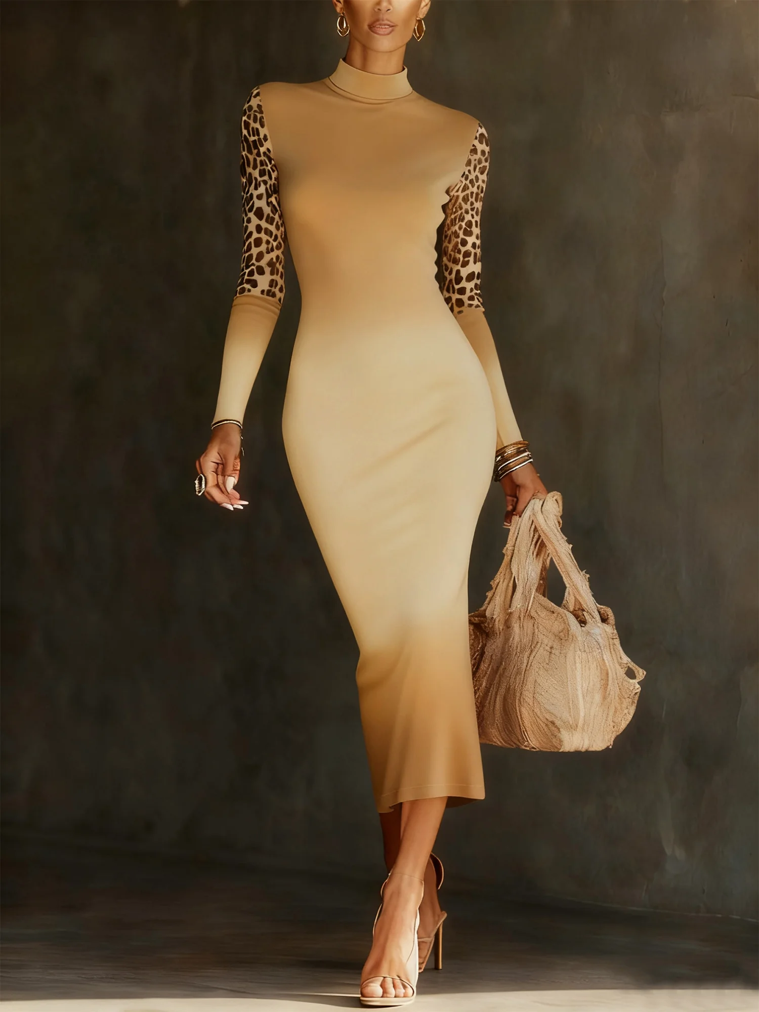 Urban Ombre Animal Print Printing Stand Collar Midi Dress