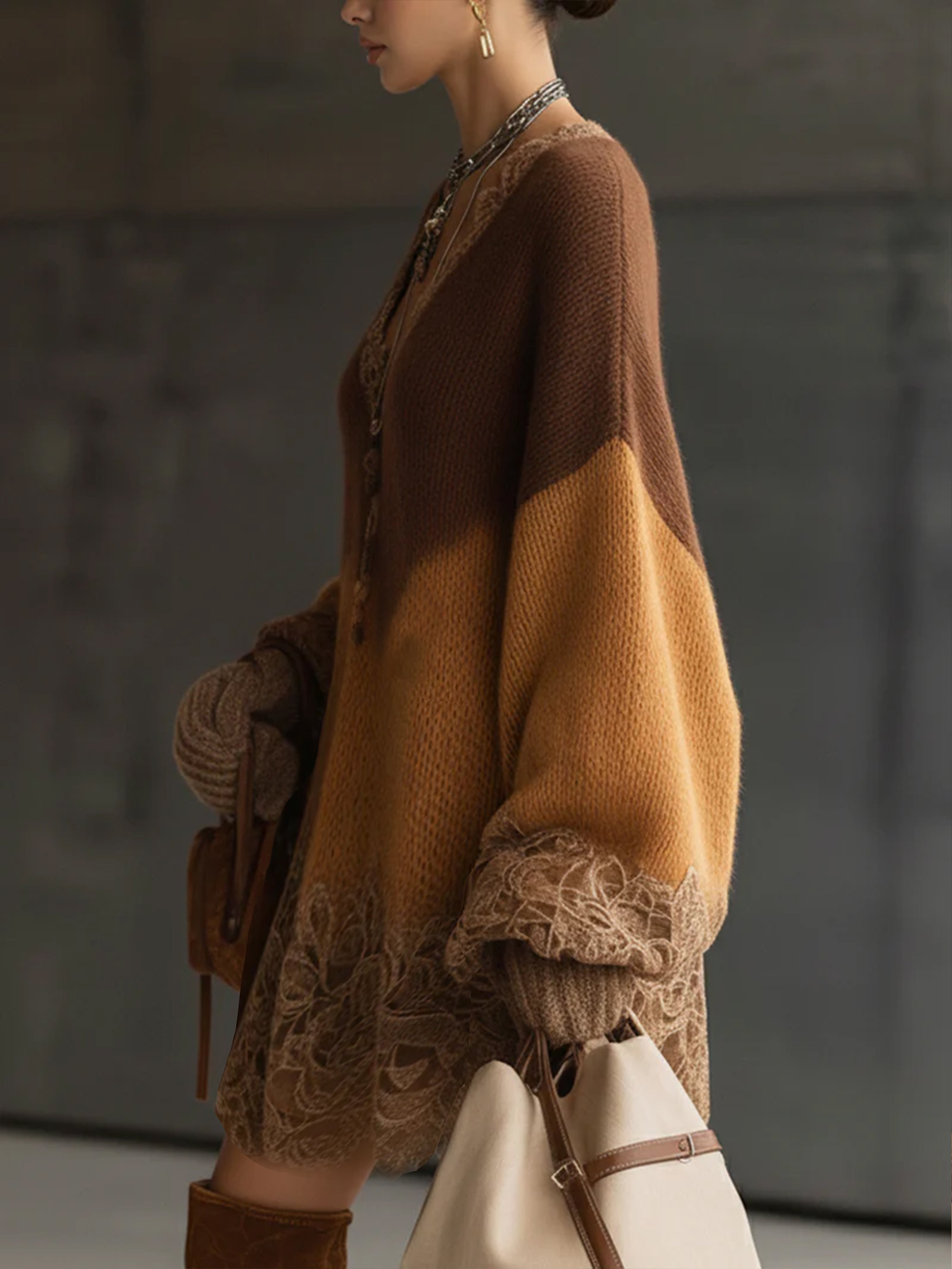 Urban Color Block Balloon Sleeve Lace Knee Length Dress