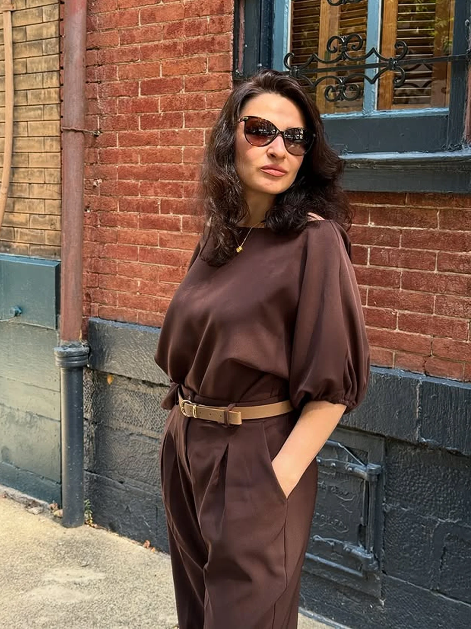 Urban Plain Irregular Craftsmanship One Shoulder Balloon Sleeve Blouse