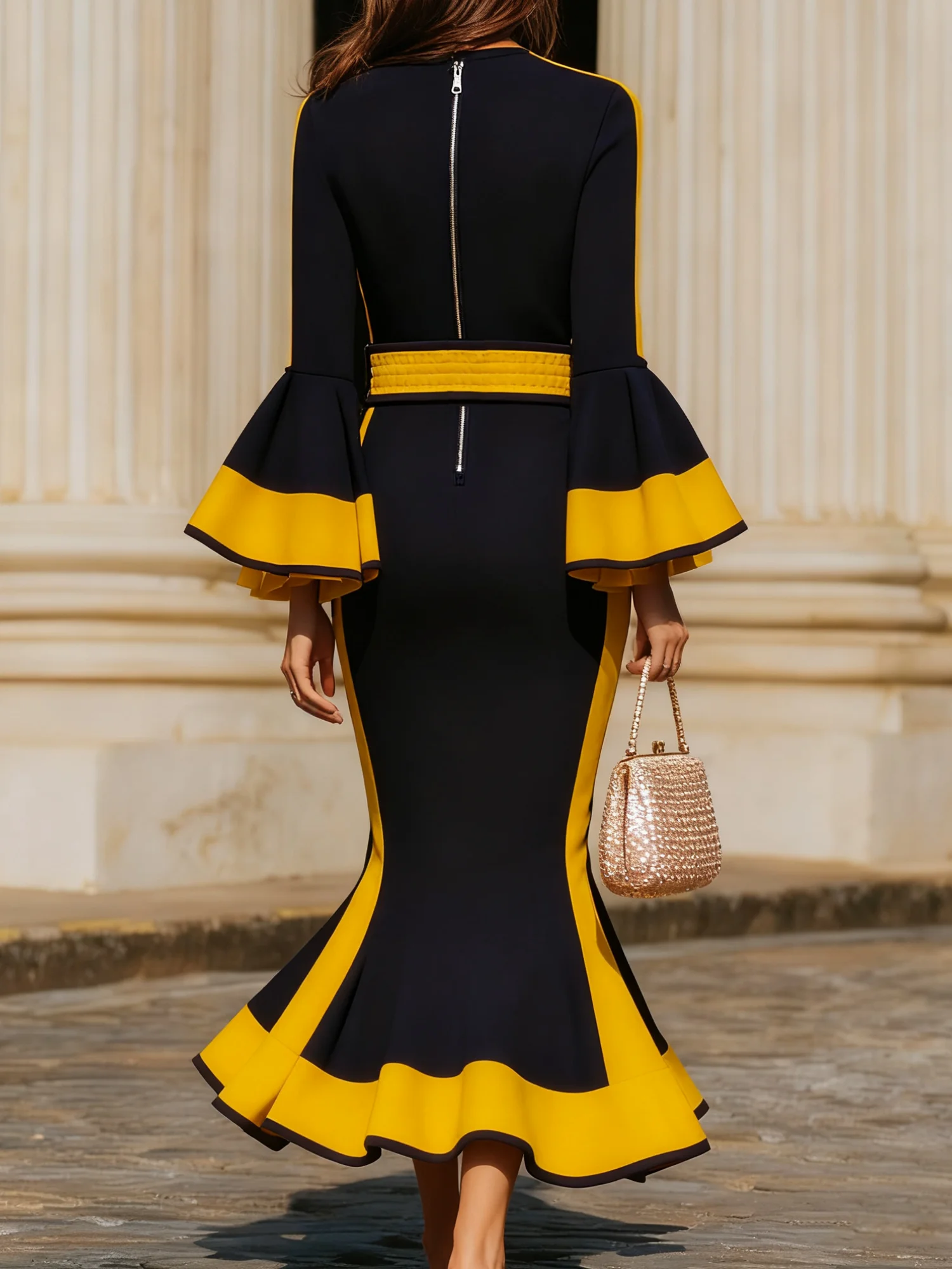 Elegant Color Block Crew Neck Maxi Dress With Belt