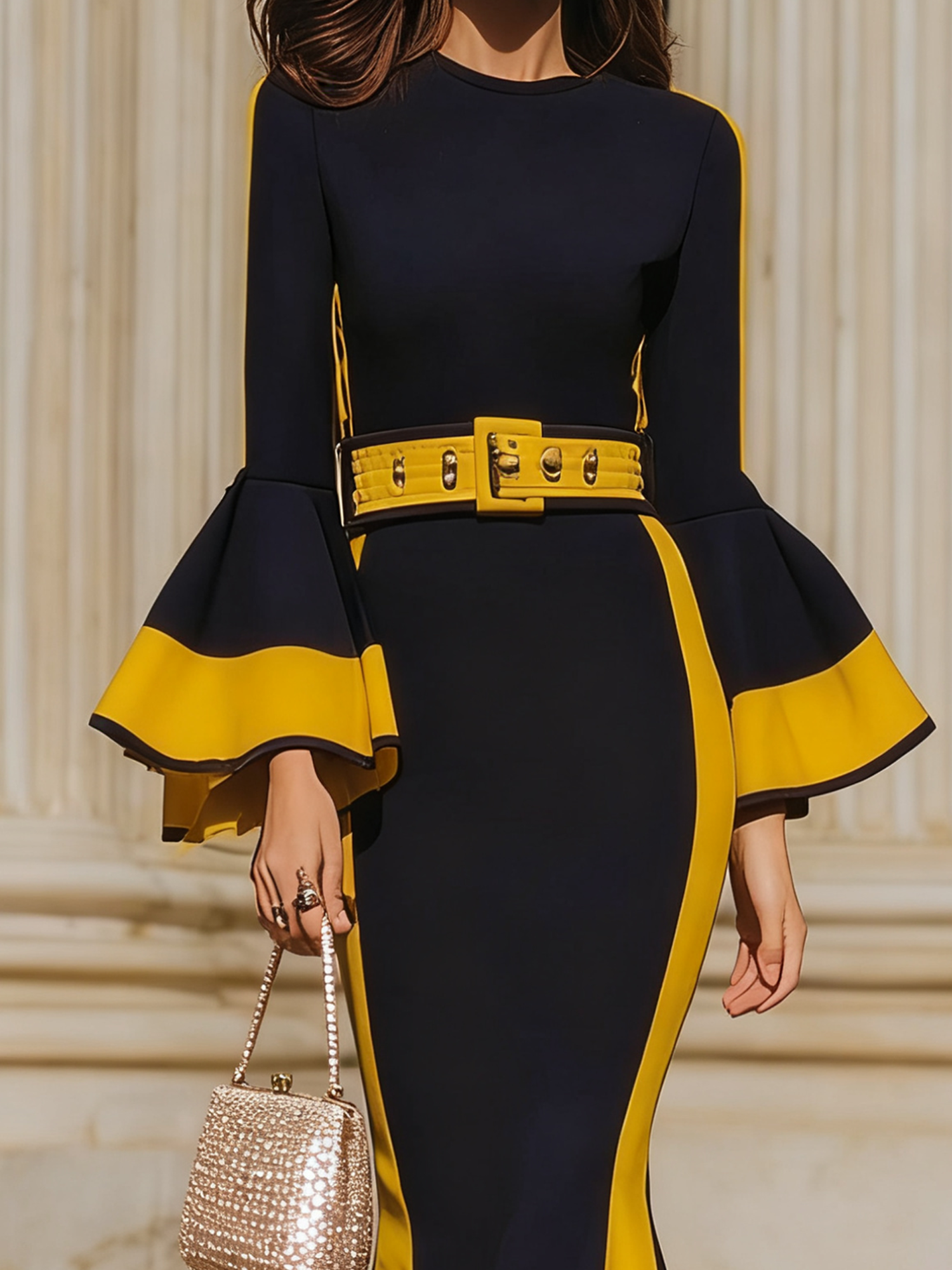 Elegant Color Block Crew Neck Maxi Dress With Belt