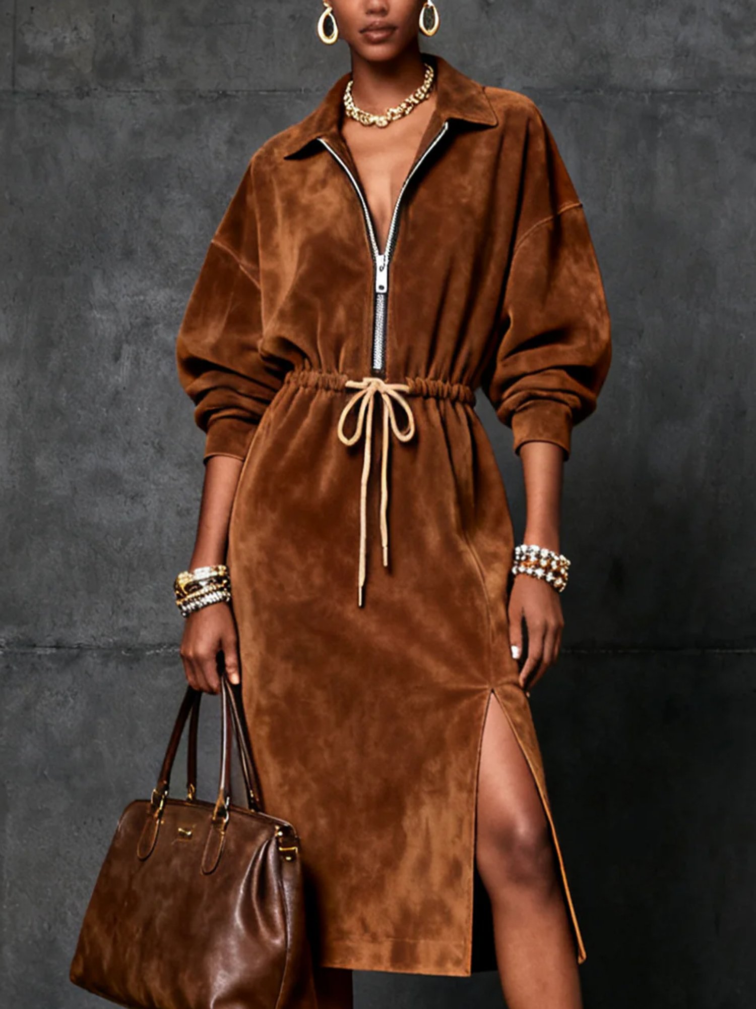 Urban Plain Suede Zipper  Midi Dress
