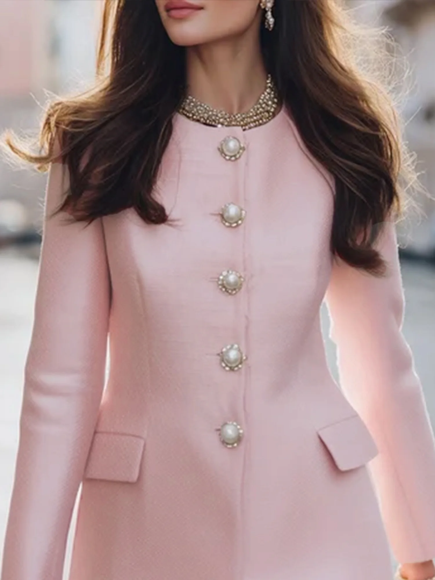 Urban  Buttoned Plain Crew Neck Coat