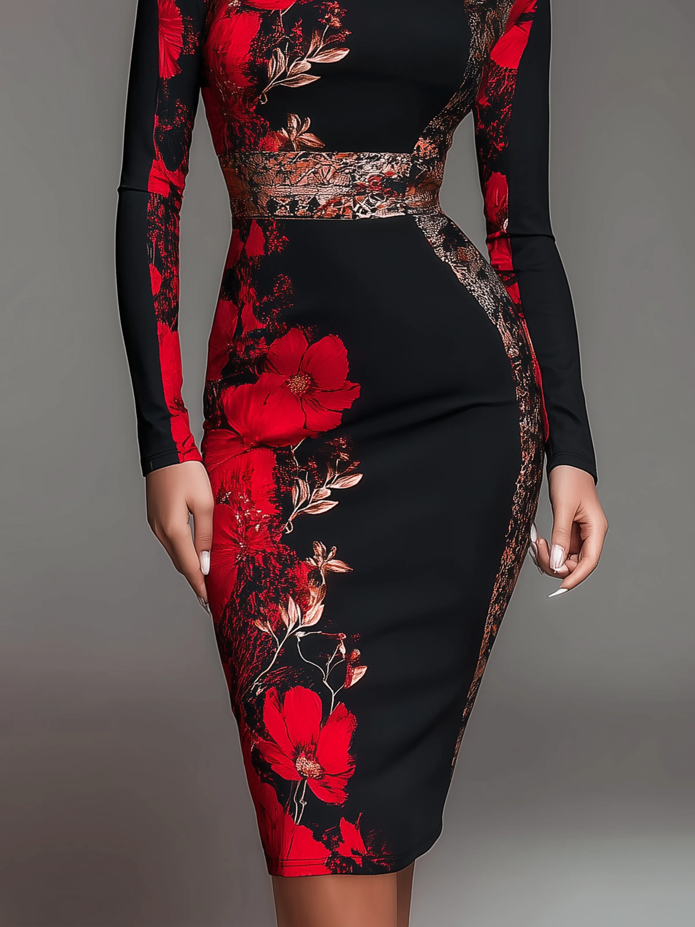 Elegant Floral Printing Stand Collar Midi Dress