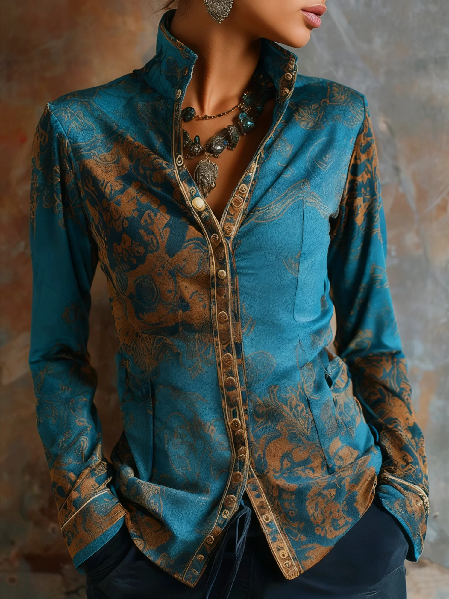 Casual Ethnic Printing Stand Collar Shirt