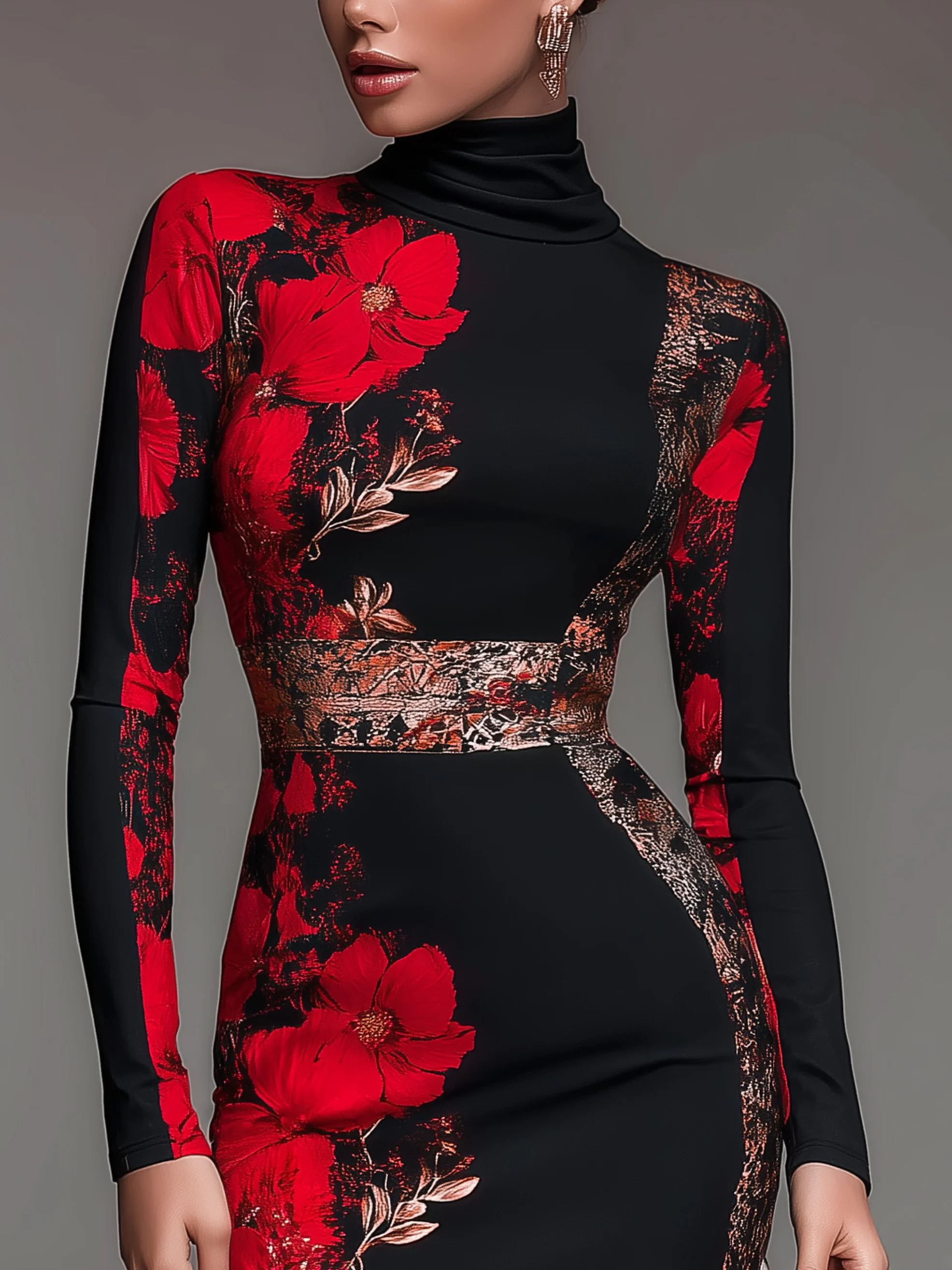 Elegant Floral Printing Stand Collar Midi Dress