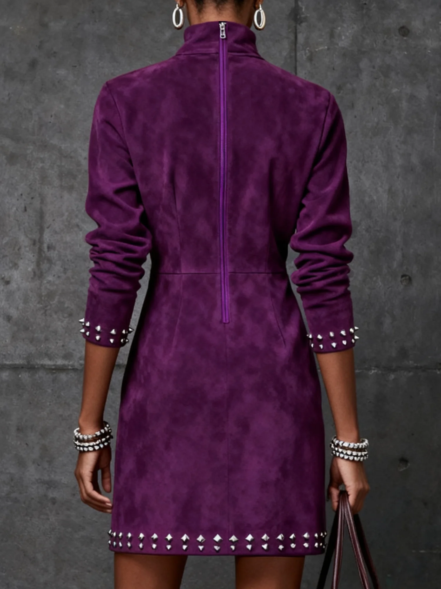 Urban Plain Stand Collar Mini Dress