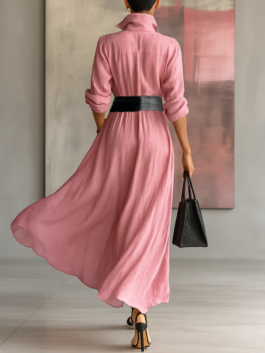 Casual Plain Buttoned Shirt Collar Maxi Dress With Belt