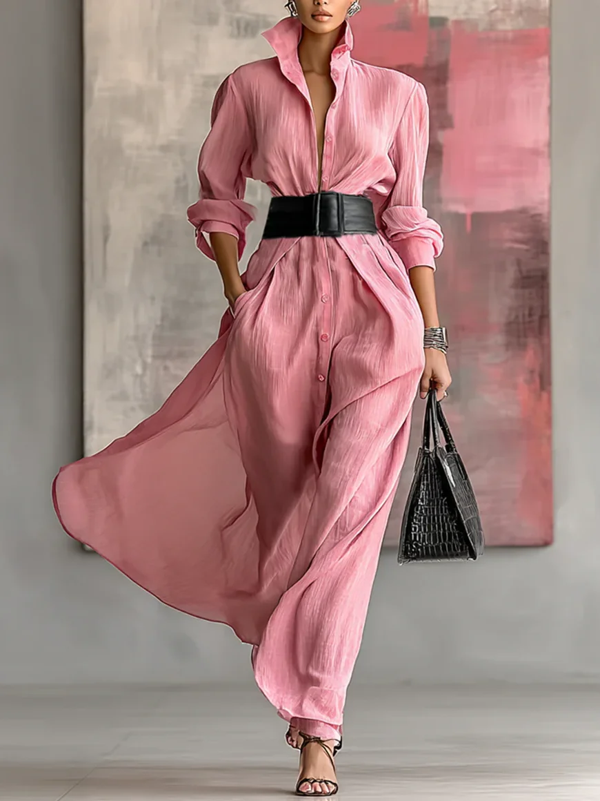 Casual Plain Buttoned Shirt Collar Maxi Dress With Belt