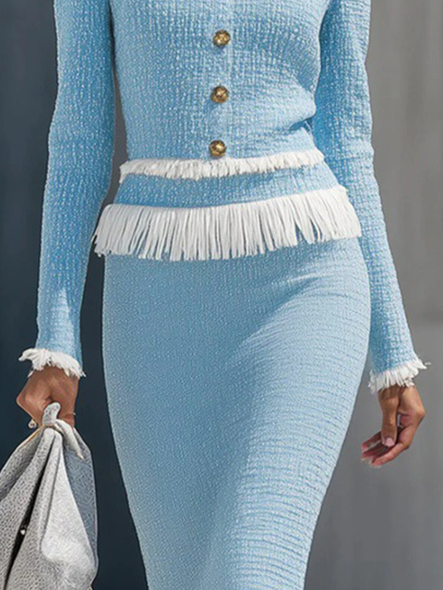 Tweed Elegant Plain Buttoned Crew Neck Tassel Blouse