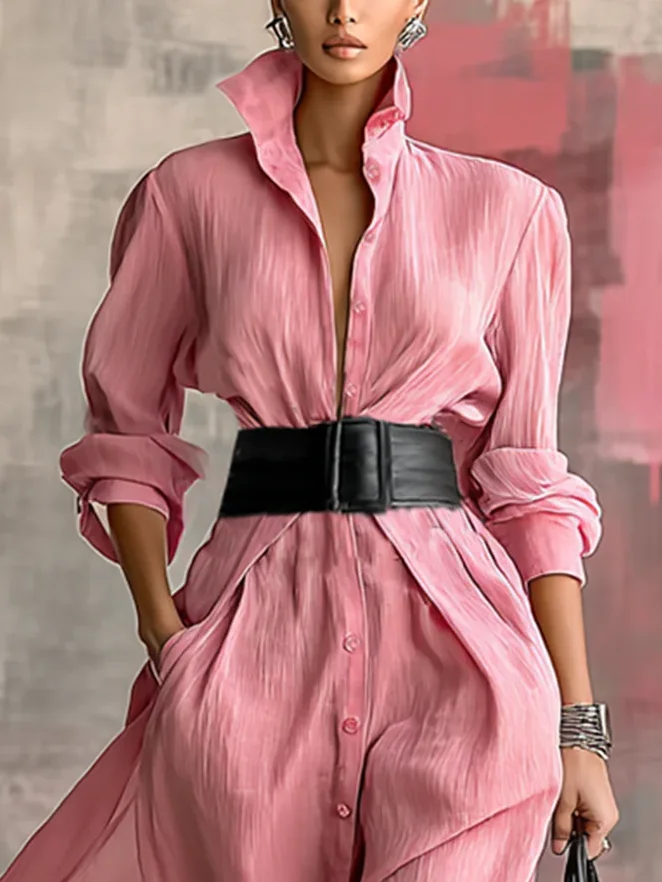 Casual Plain Buttoned Shirt Collar Maxi Dress With Belt
